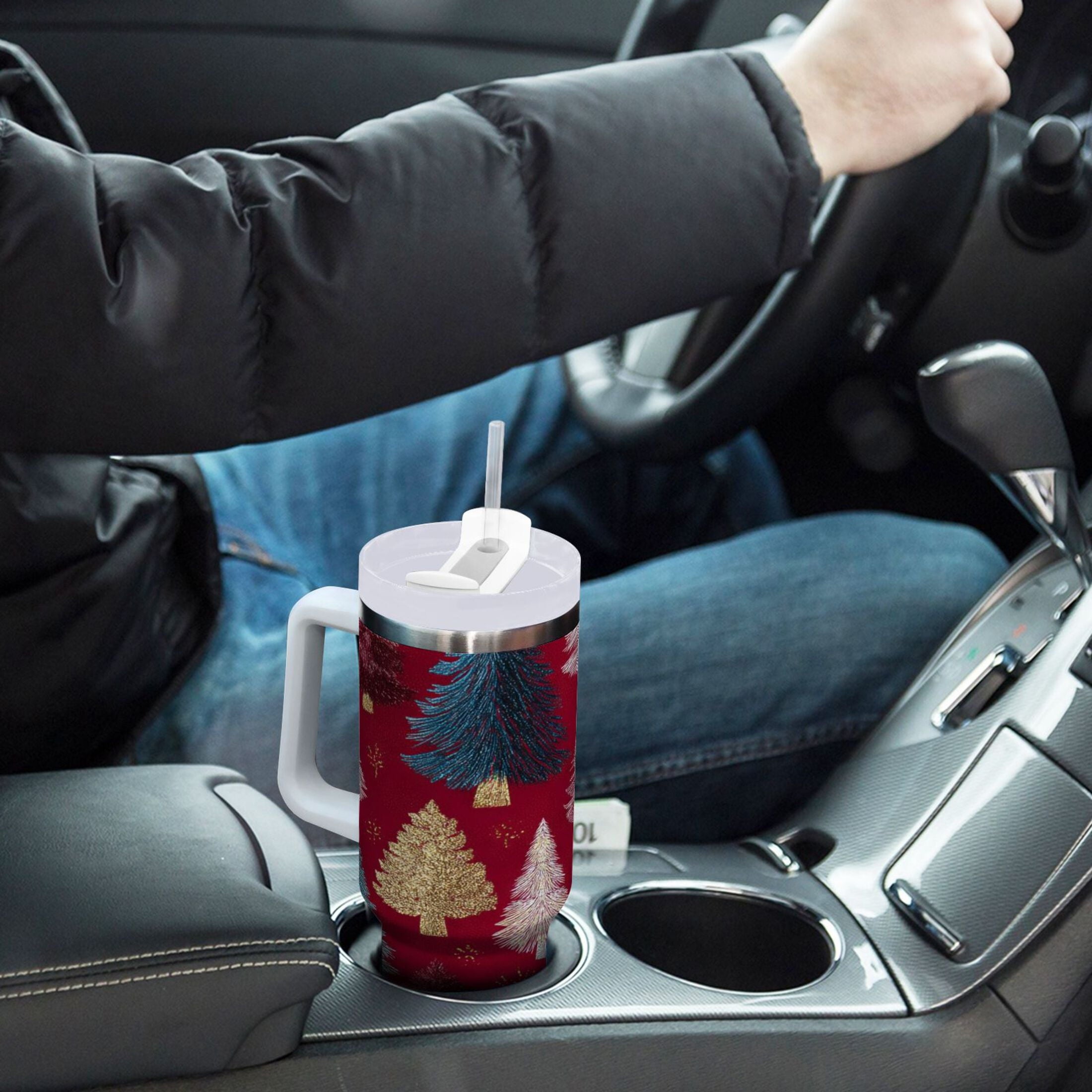 30 oz Insulated Stainless Steel Tumbler Double Wall Stainless Steel Tumbler with 2-Way Drinking Stylized Christmas Trees M644F