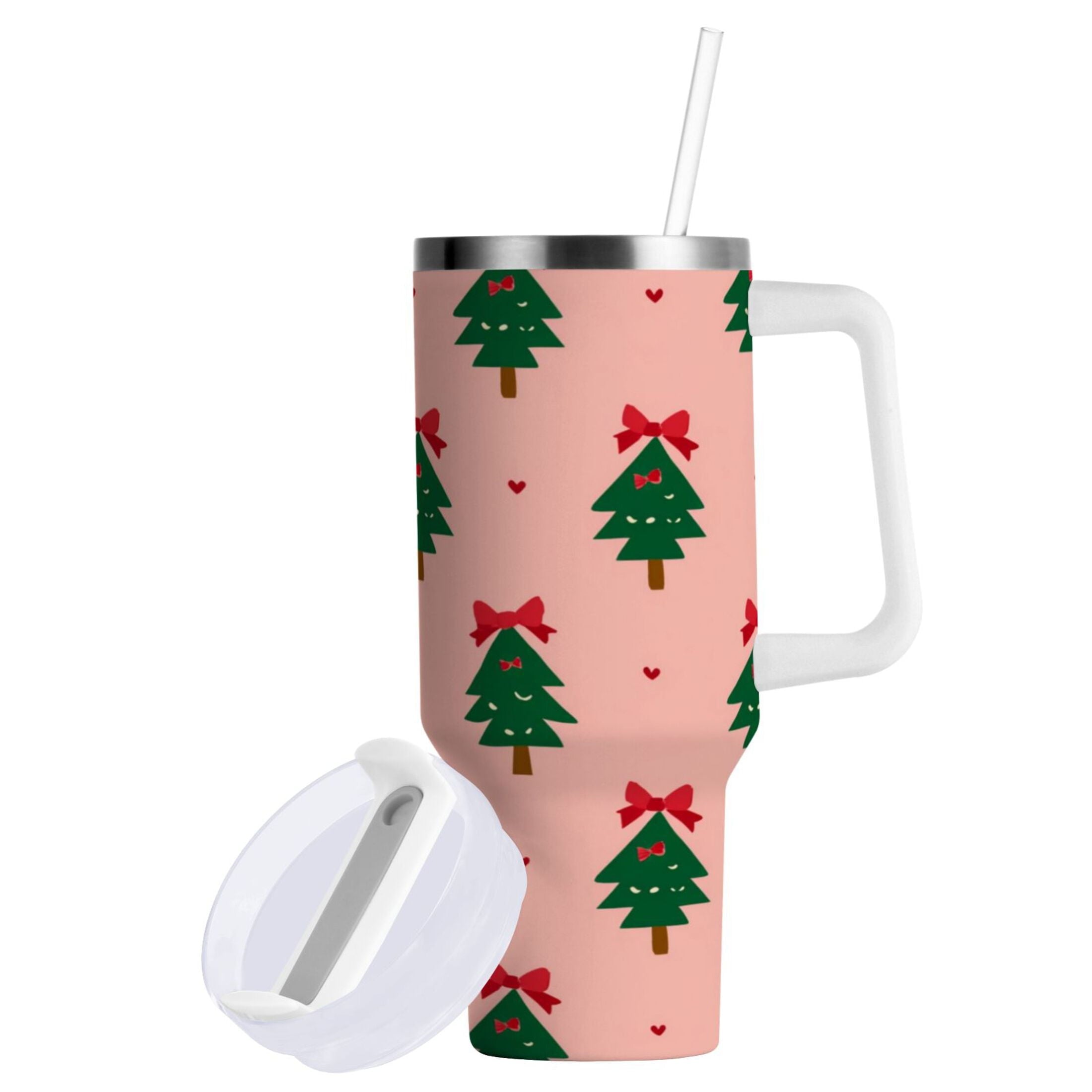 40 oz Insulated Stainless Steel Tumbler Double Wall Stainless Steel Tumbler with 2-Way Drinking Green Trees and Red Bows M468B