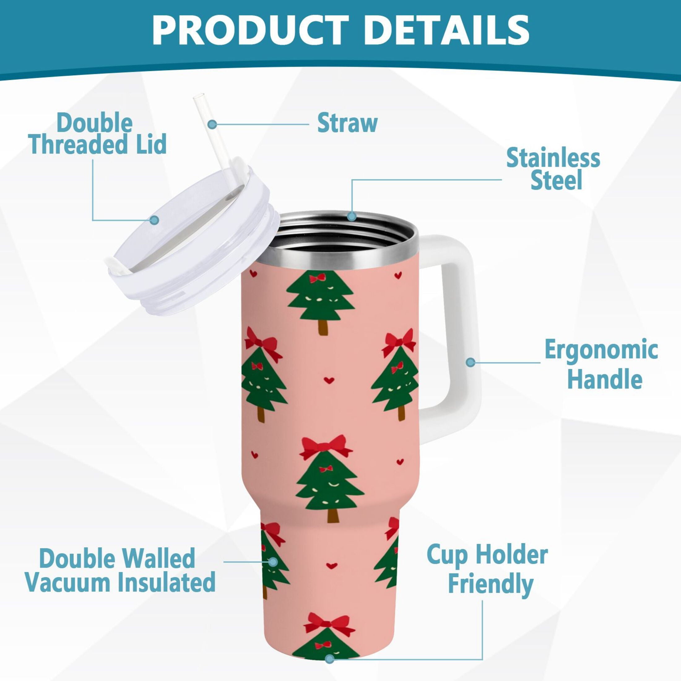 40 oz Insulated Stainless Steel Tumbler Double Wall Stainless Steel Tumbler with 2-Way Drinking Green Trees and Red Bows M468B