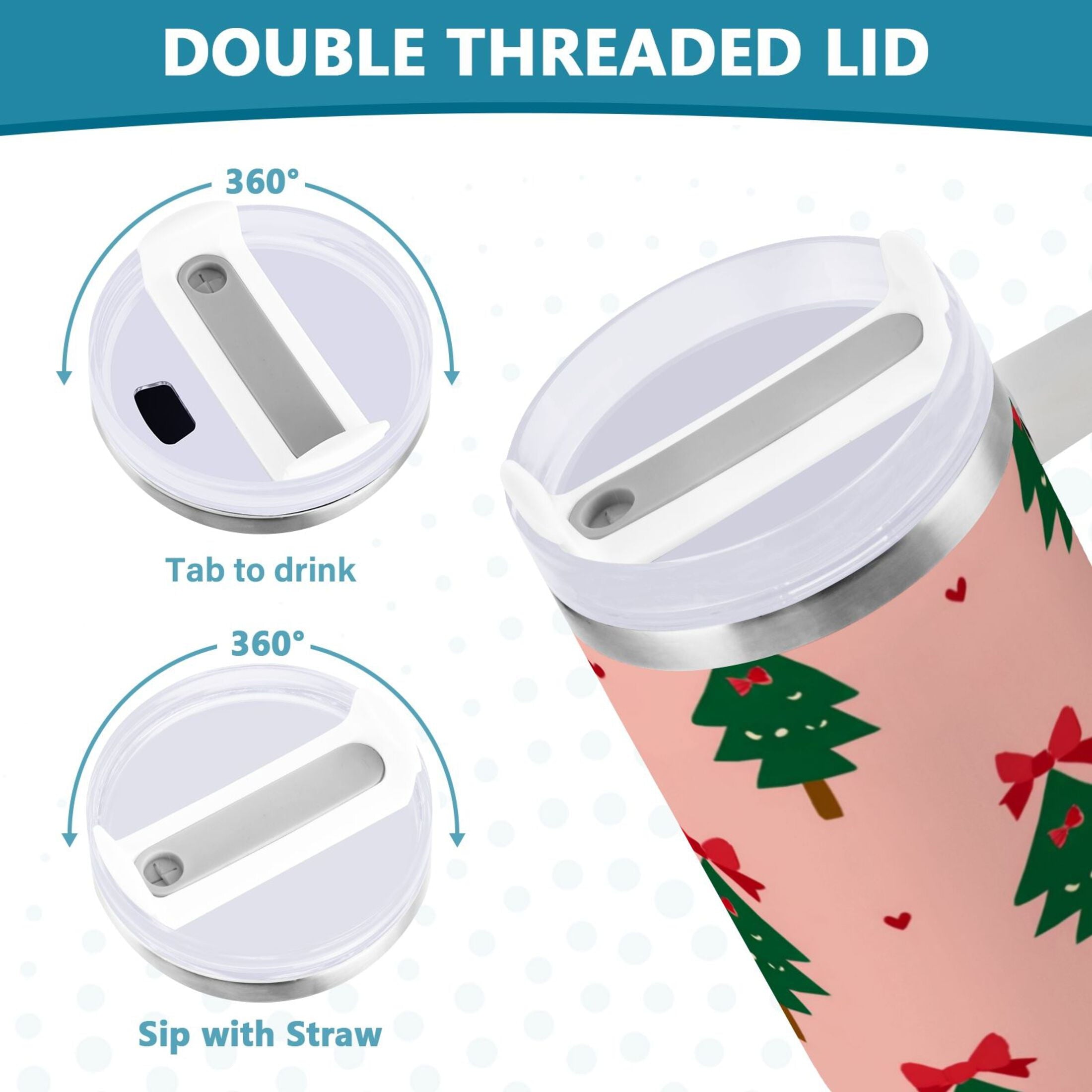 40 oz Insulated Stainless Steel Tumbler Double Wall Stainless Steel Tumbler with 2-Way Drinking Green Trees and Red Bows M468B