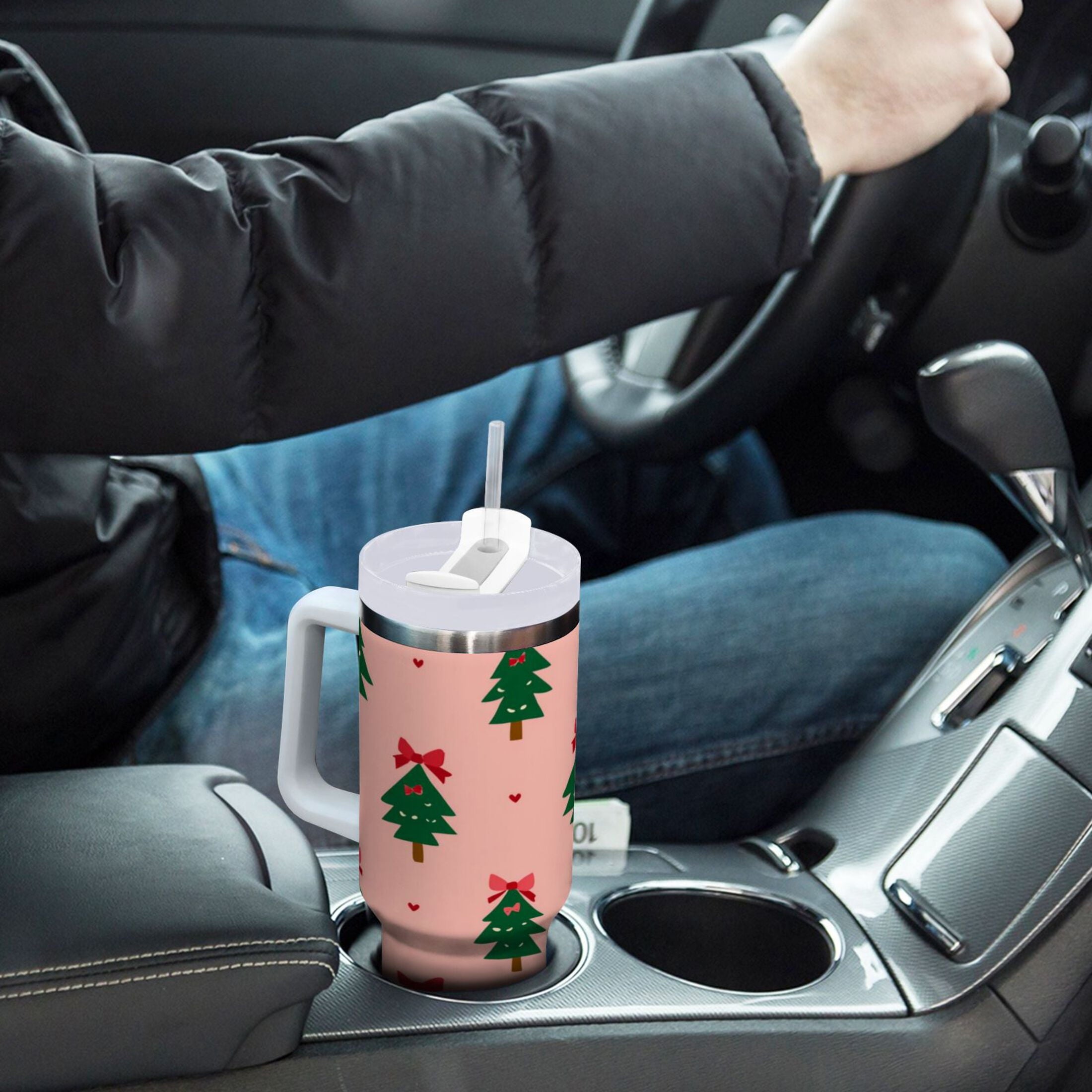 40 oz Insulated Stainless Steel Tumbler Double Wall Stainless Steel Tumbler with 2-Way Drinking Green Trees and Red Bows M468B