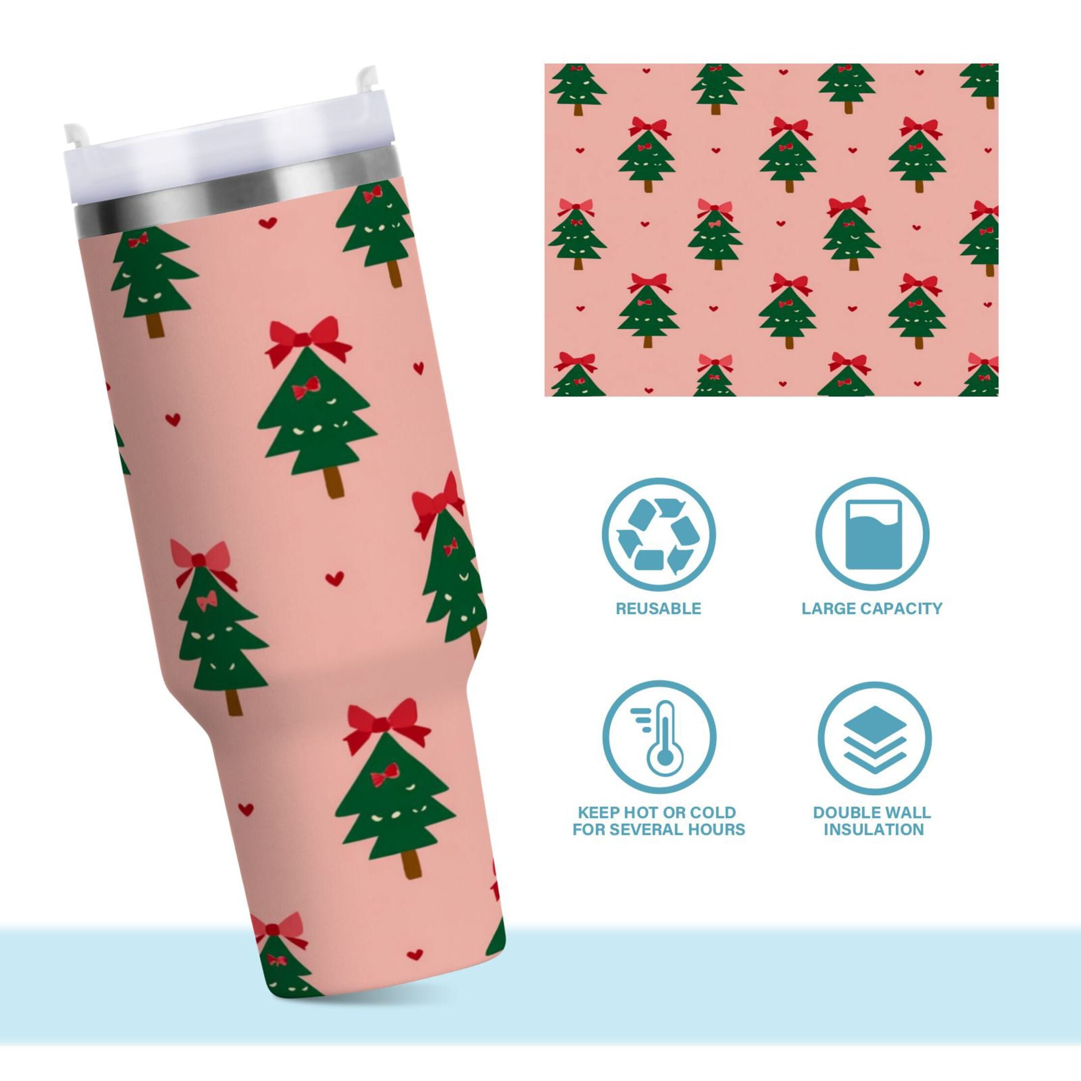 40 oz Insulated Stainless Steel Tumbler Double Wall Stainless Steel Tumbler with 2-Way Drinking Green Trees and Red Bows M468B