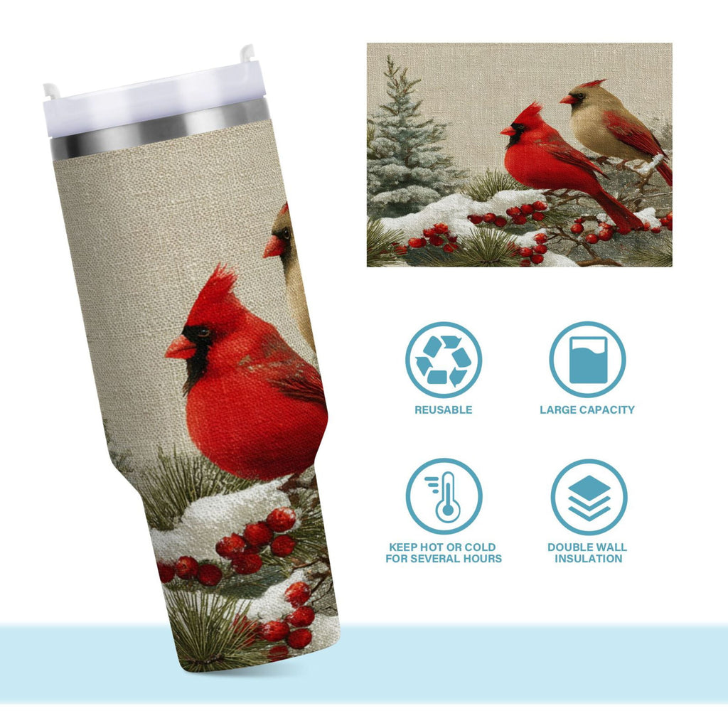 30 oz Insulated Stainless Steel Tumbler Double Wall Stainless Steel Tumbler with 2-Way Drinking Bird and Snow-covered Trees M615E