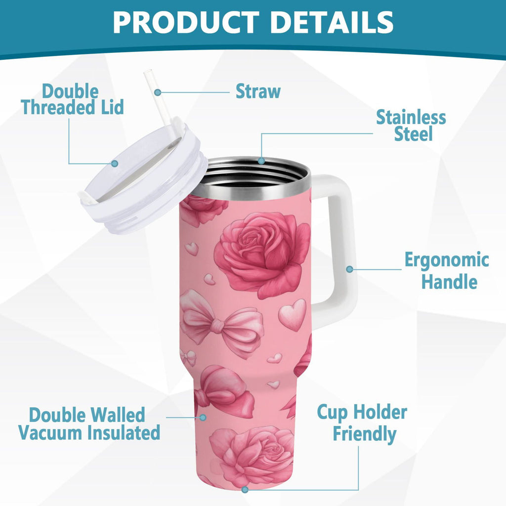 40 oz Insulated Stainless Steel Tumbler Double Wall Stainless Steel Tumbler with 2-Way Drinking Roses and Bows Pattern M661B
