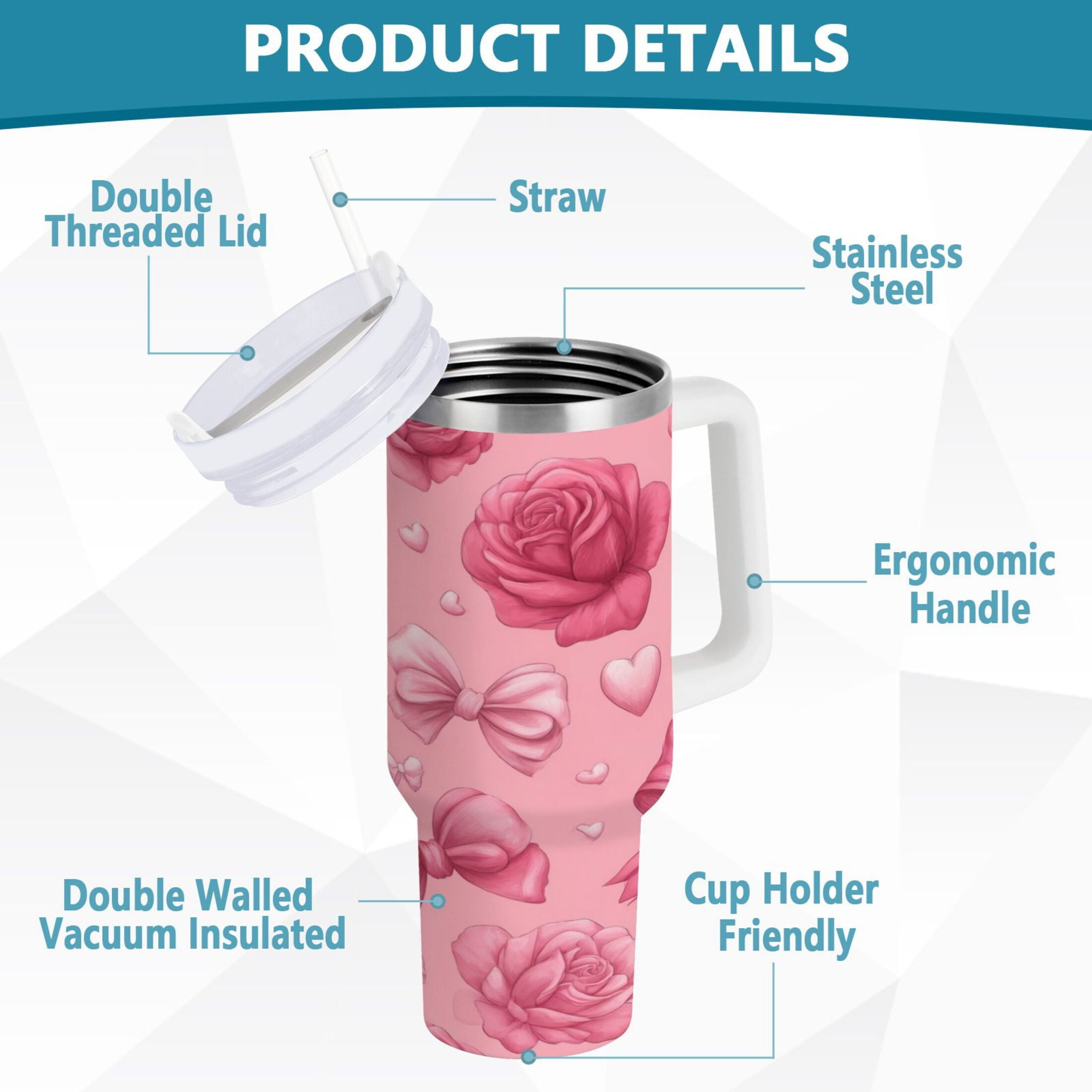 40 oz Insulated Stainless Steel Tumbler Double Wall Stainless Steel Tumbler with 2-Way Drinking Roses and Bows Pattern M661B