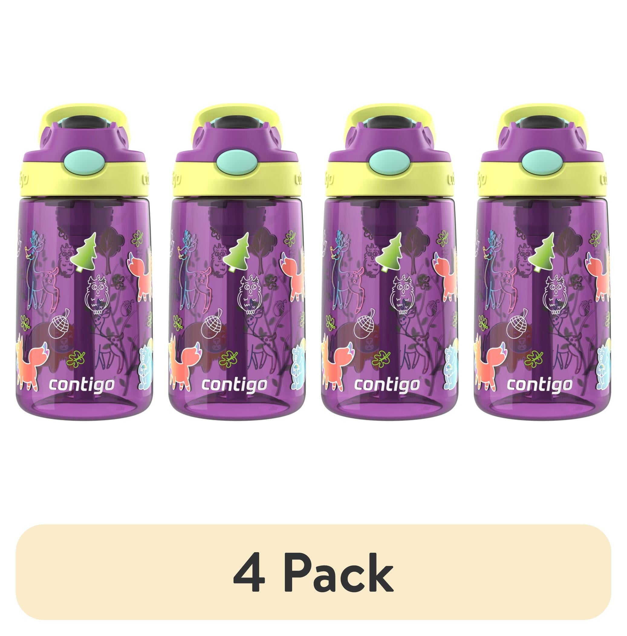 (4 pack) Contigo Kids Water Bottle with Redesigned AUTOSPOUT Straw, 14 oz, Grape Forest Haven M16G