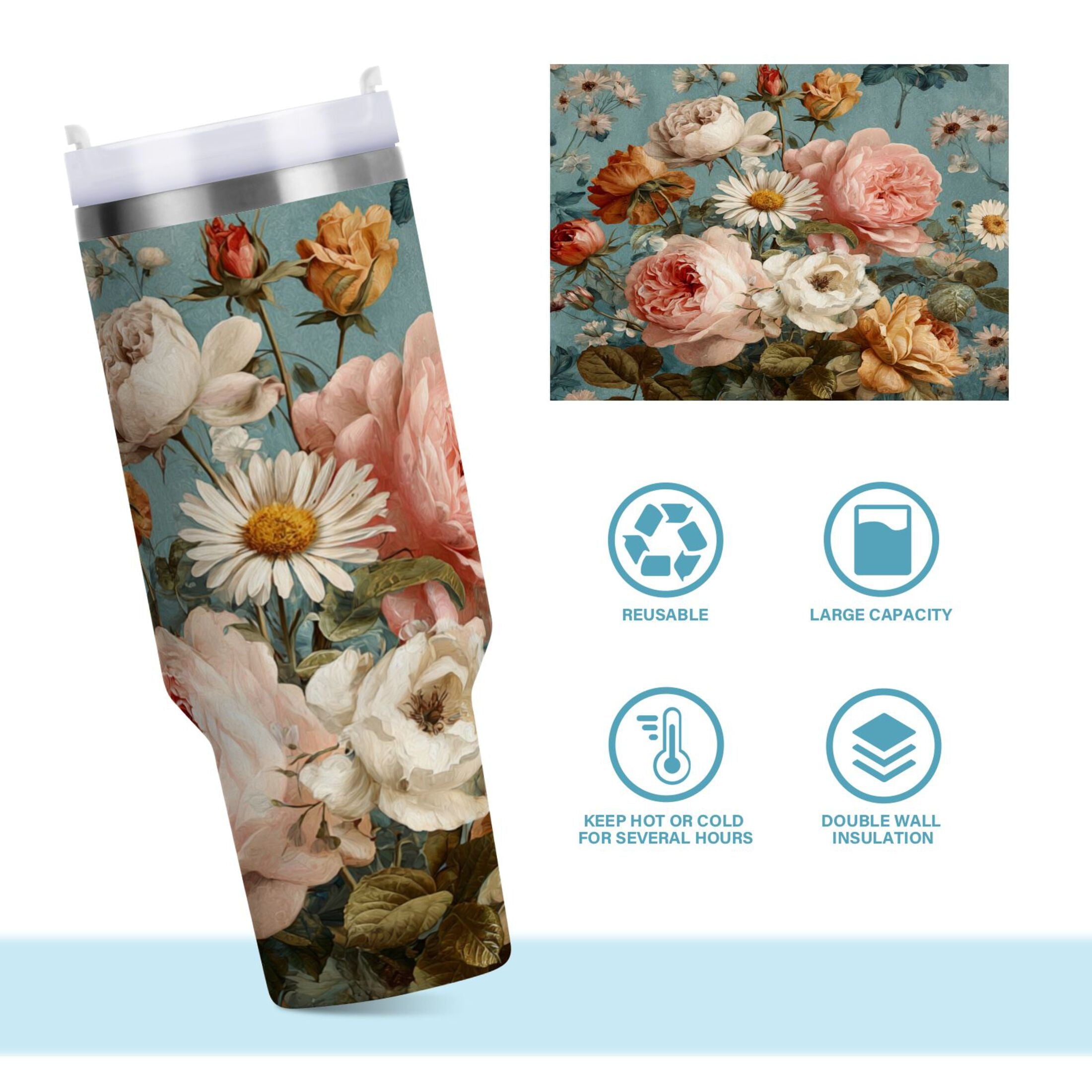 30 oz Insulated Stainless Steel Tumbler Double Wall Stainless Steel Tumbler with 2-Way Drinking Vintage Roses and Peonies M667U