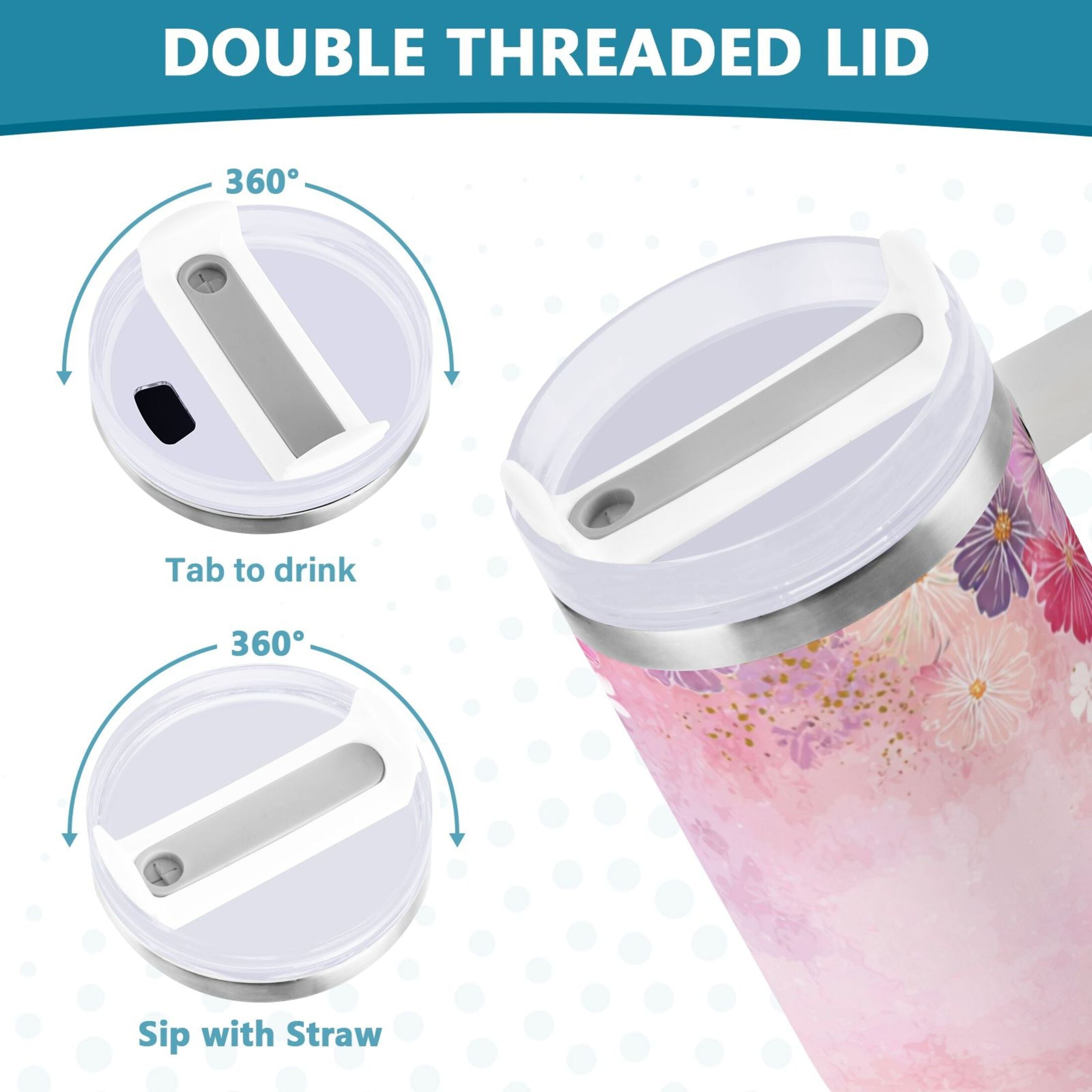 30 oz Insulated Stainless Steel Tumbler Double Wall Stainless Steel Tumbler with 2-Way Drinking Colorful Pastel Floral Pattern M514X