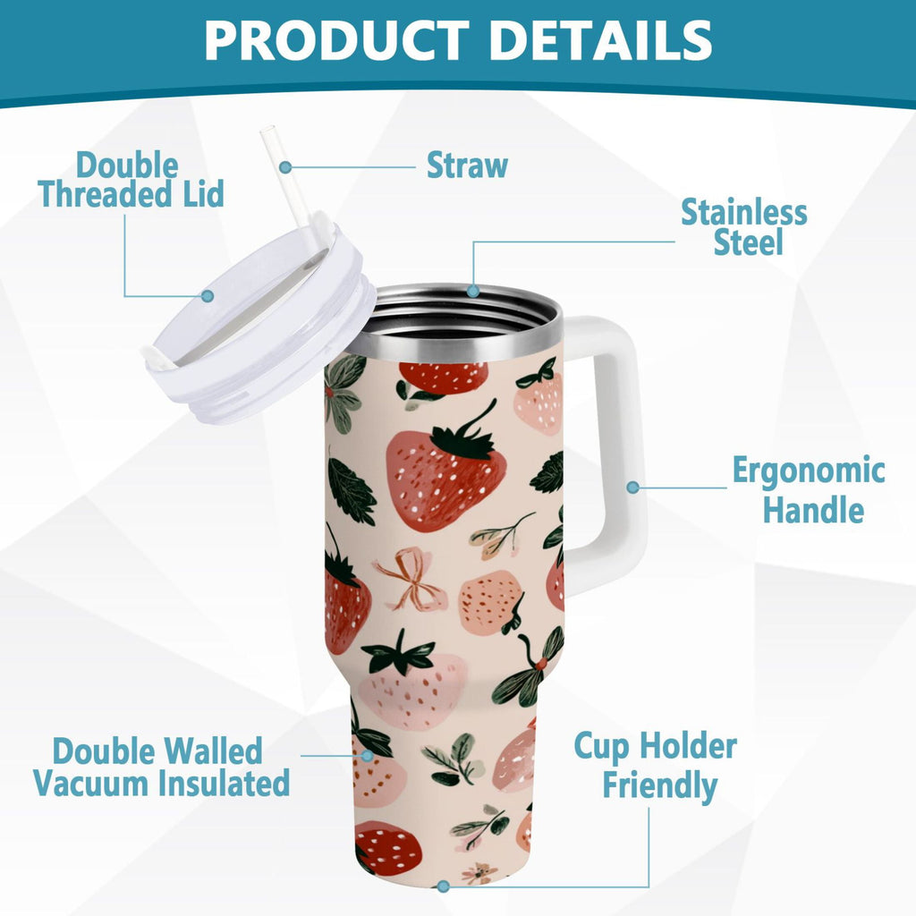 30 oz Insulated Stainless Steel Tumbler Double Wall Stainless Steel Tumbler with 2-Way Drinking Cute Pinks Strawberries M596A