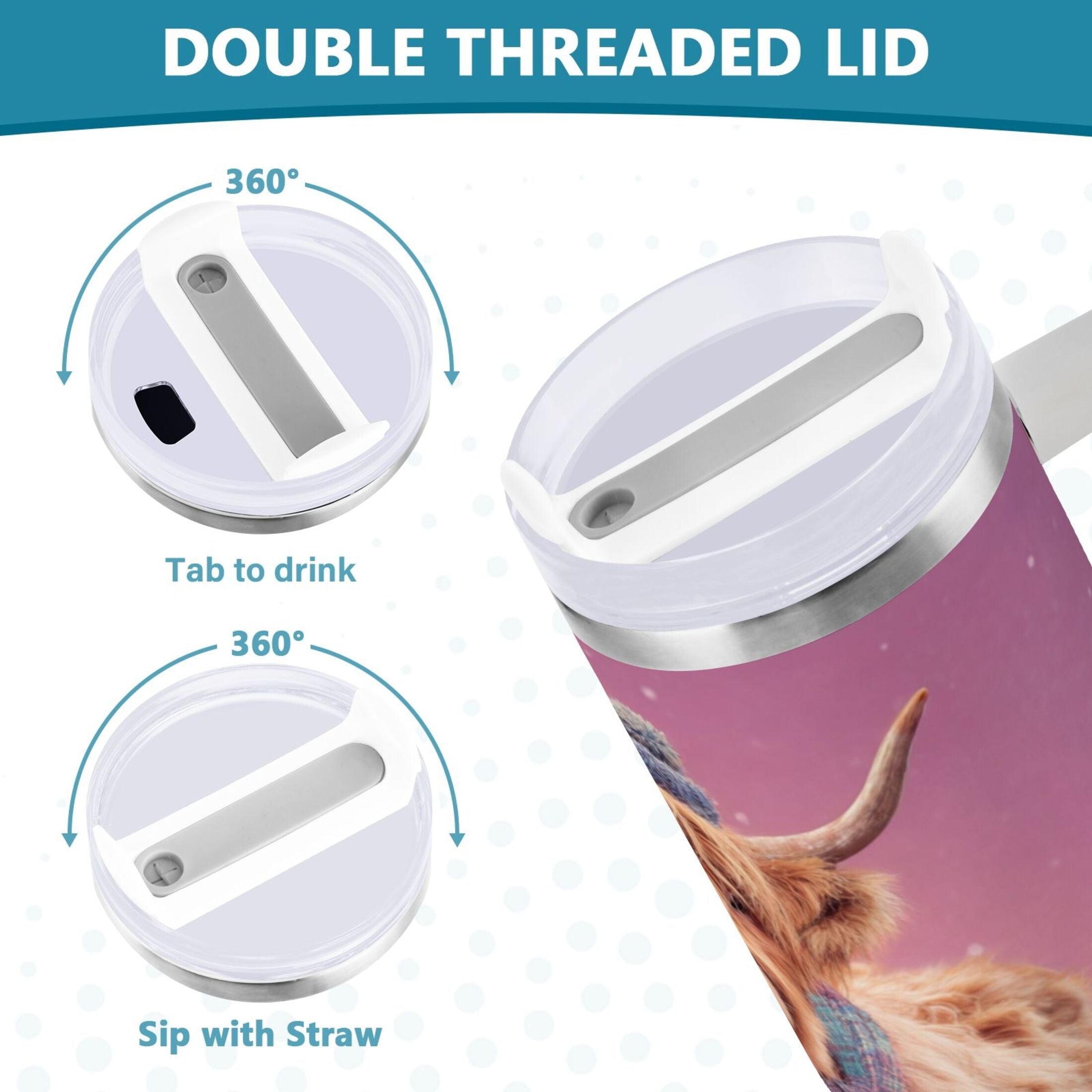 30 oz Insulated Stainless Steel Tumbler Double Wall Stainless Steel Tumbler with 2-Way Drinking Cow Wearing Christmas M626P