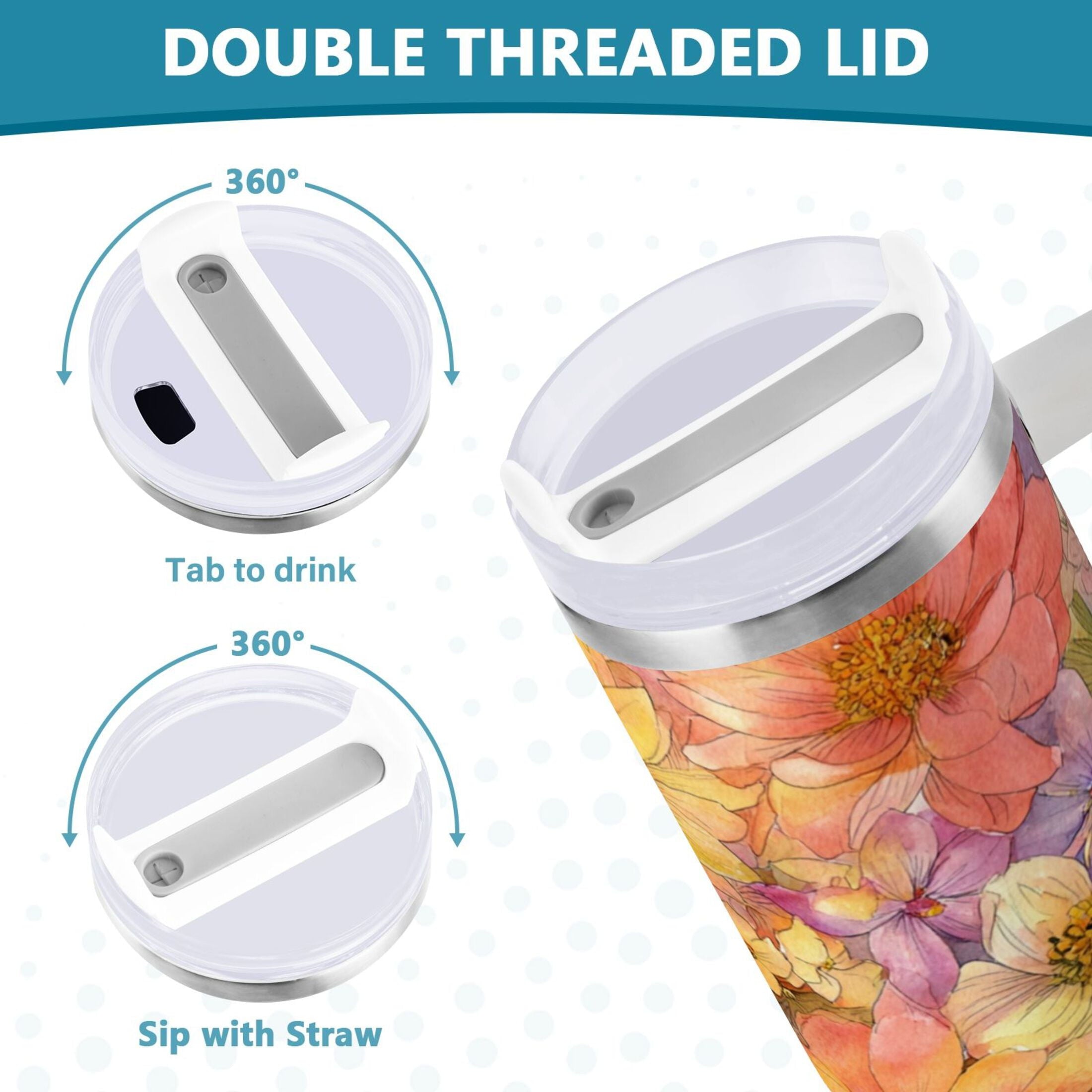 30 oz Insulated Stainless Steel Tumbler Double Wall Stainless Steel Tumbler with 2-Way Drinking Summer Blossoms M540J