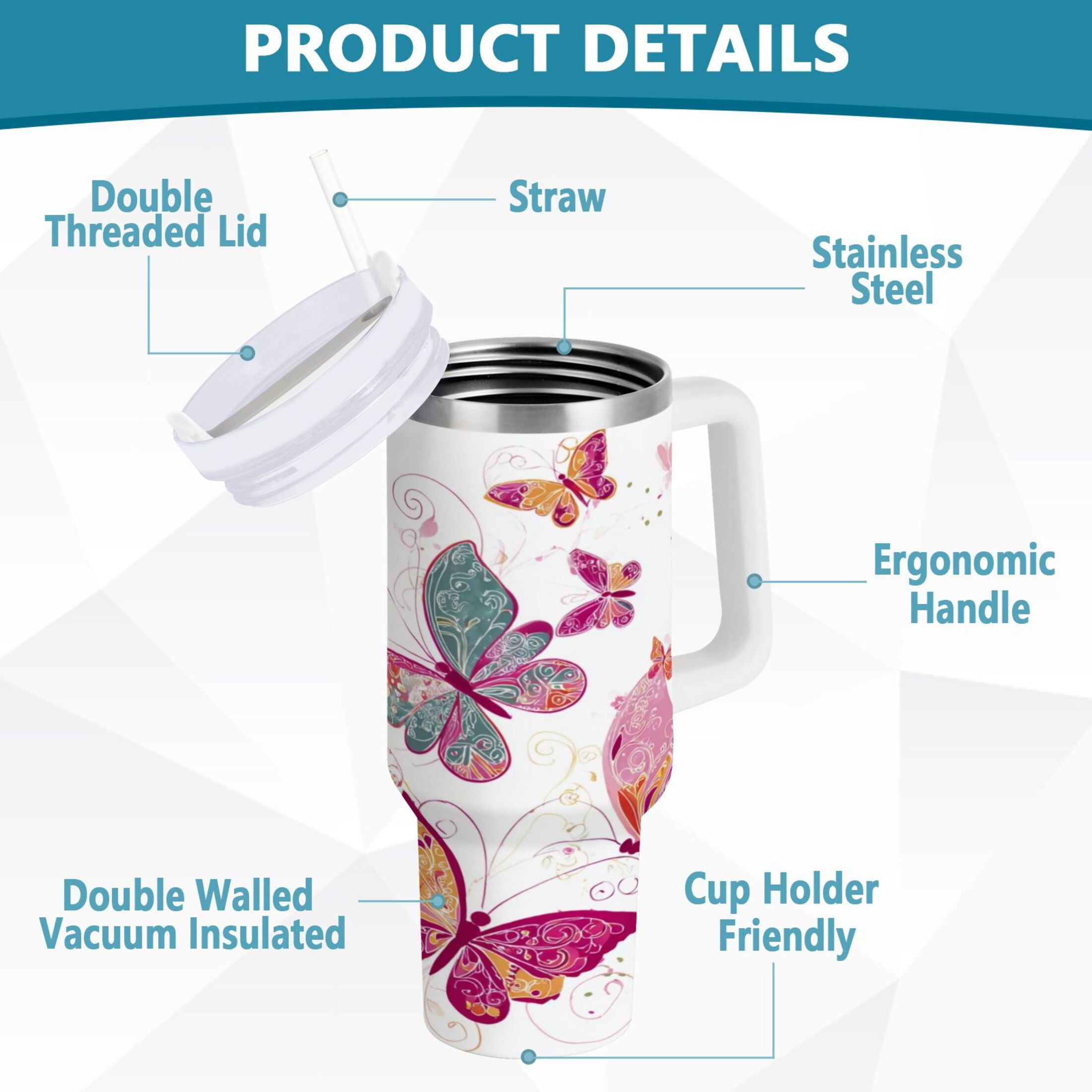 30 oz Insulated Stainless Steel Tumbler Double Wall Stainless Steel Tumbler with 2-Way Drinking Colorful Butterflies M605P