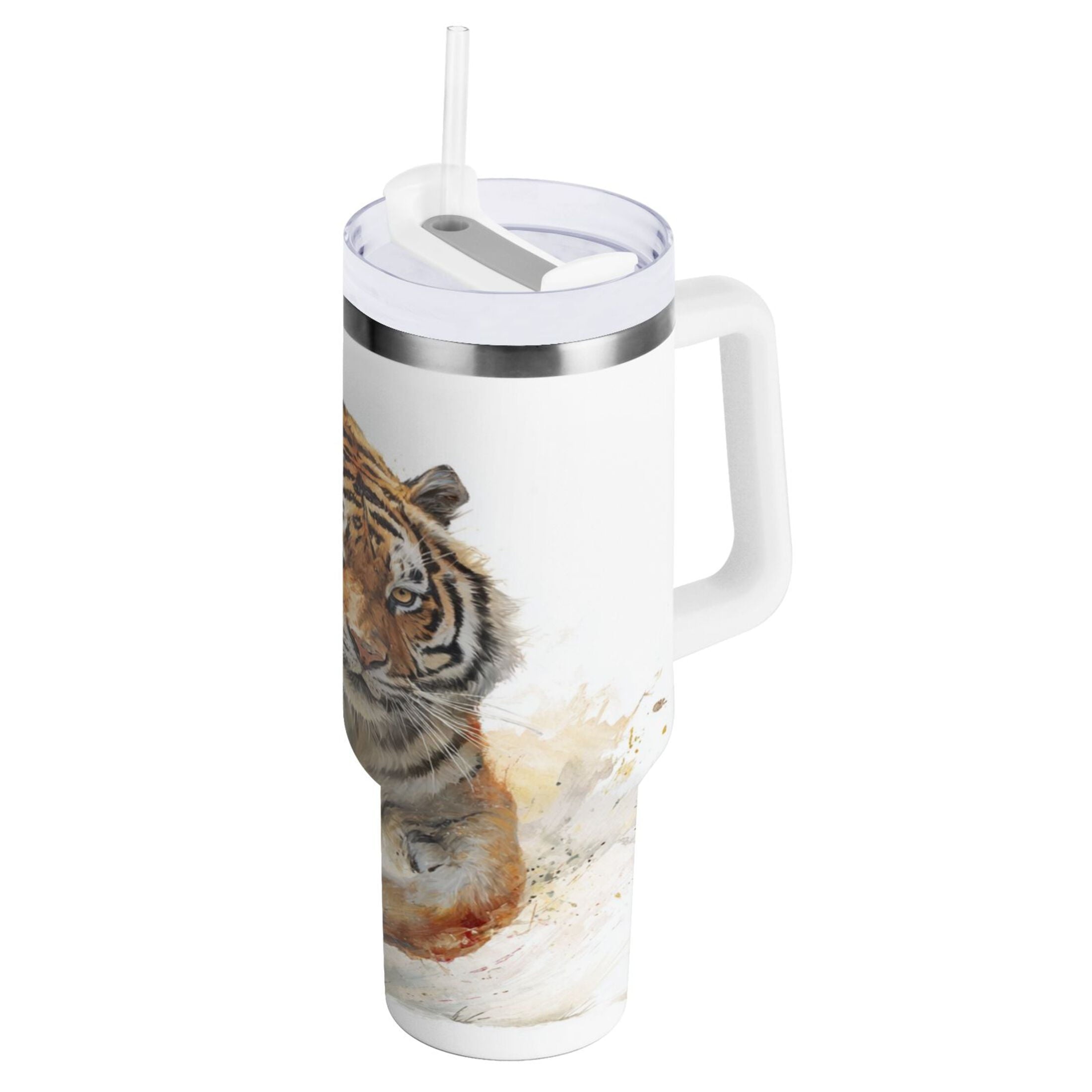30 oz Insulated Stainless Steel Tumbler Double Wall Stainless Steel Tumbler with 2-Way Drinking Tiger in Action M457A