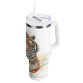 30 oz Insulated Stainless Steel Tumbler Double Wall Stainless Steel Tumbler with 2-Way Drinking Tiger in Action M457A