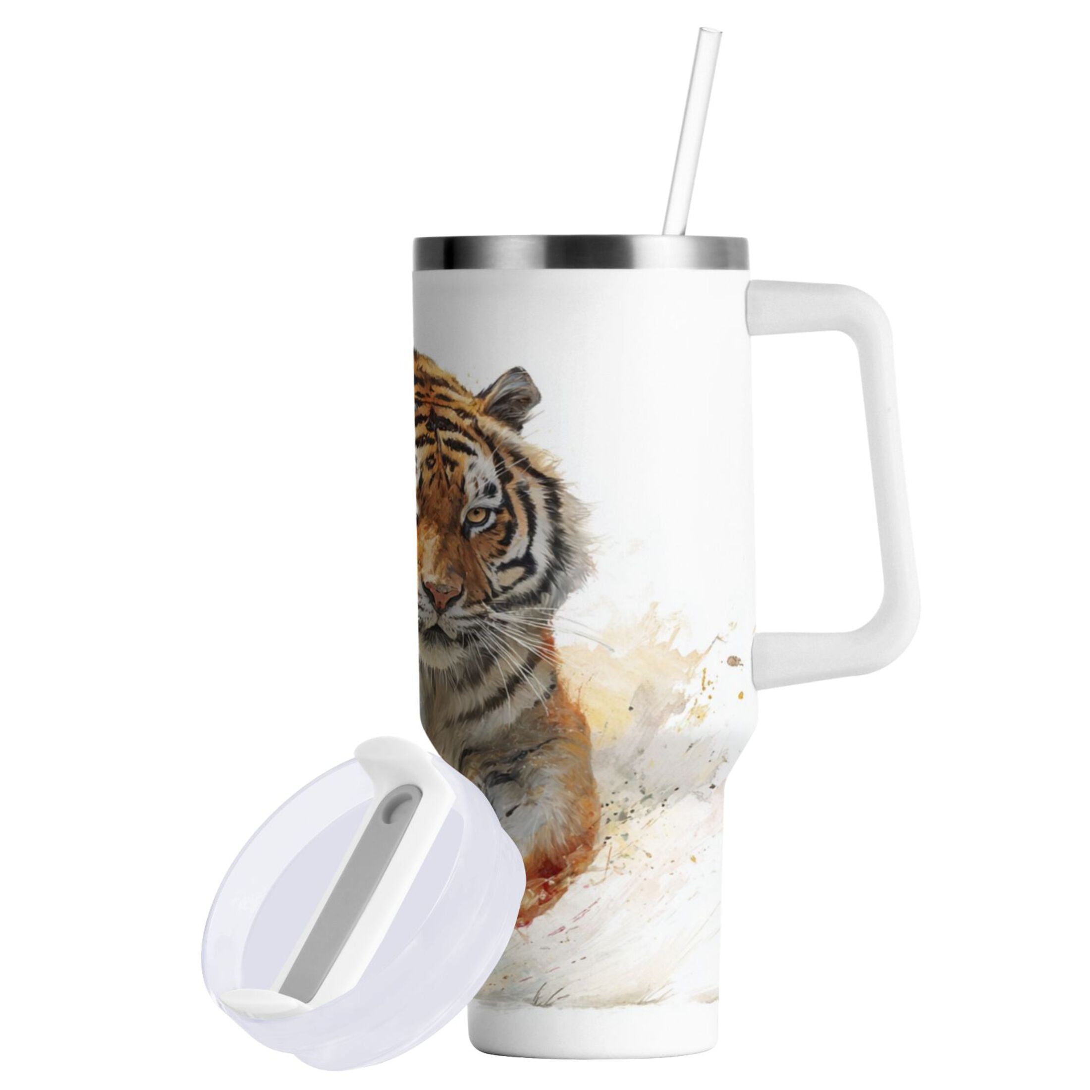 30 oz Insulated Stainless Steel Tumbler Double Wall Stainless Steel Tumbler with 2-Way Drinking Tiger in Action M457A