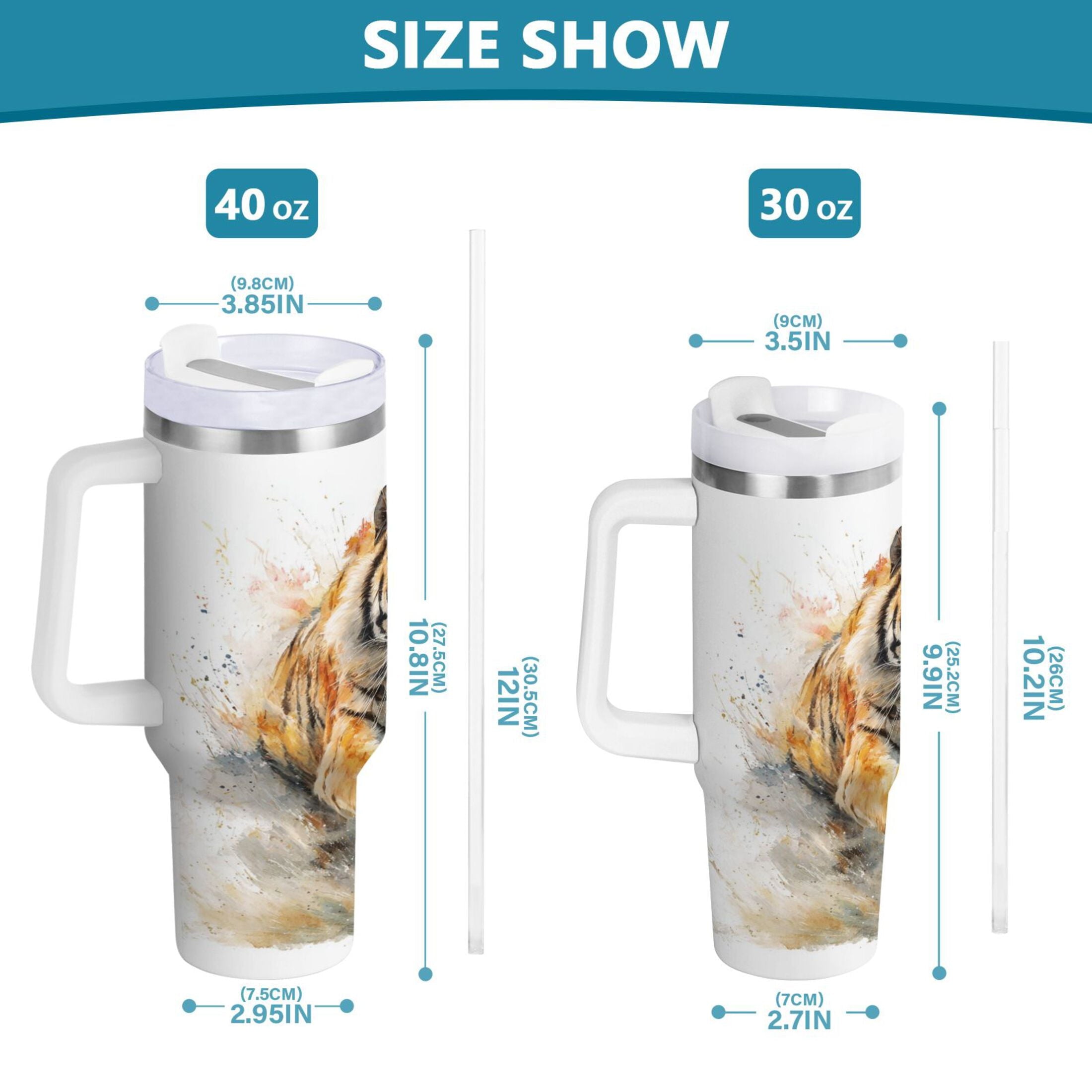 30 oz Insulated Stainless Steel Tumbler Double Wall Stainless Steel Tumbler with 2-Way Drinking Tiger in Action M457A