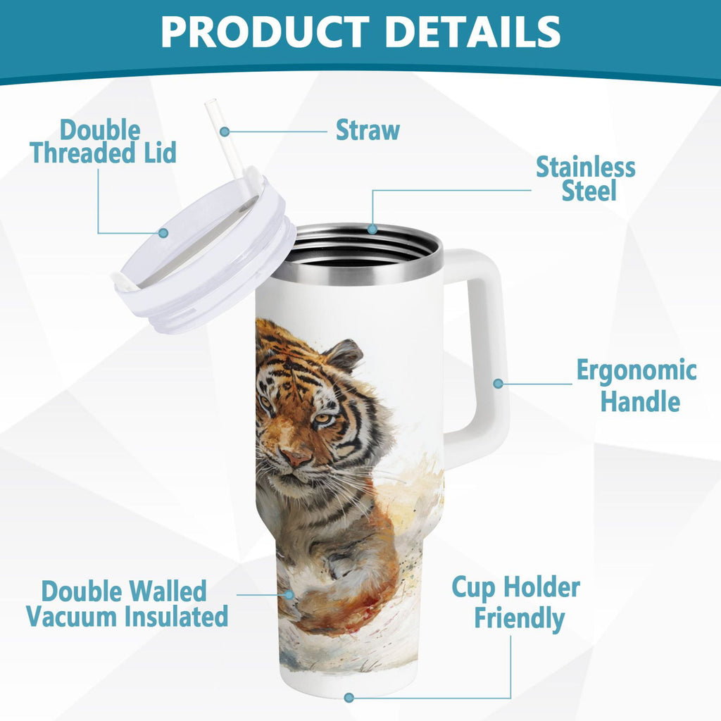 30 oz Insulated Stainless Steel Tumbler Double Wall Stainless Steel Tumbler with 2-Way Drinking Tiger in Action M457A