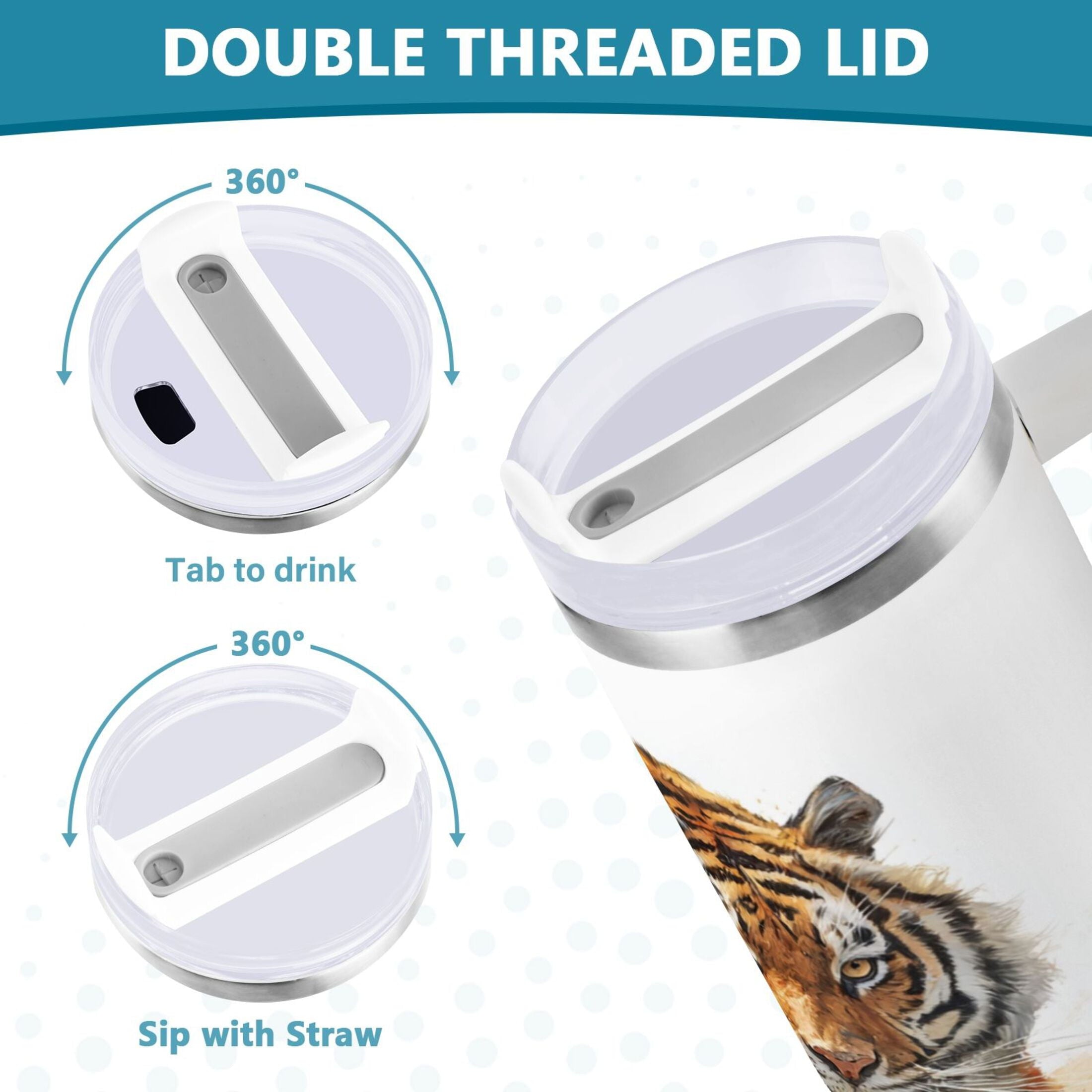 30 oz Insulated Stainless Steel Tumbler Double Wall Stainless Steel Tumbler with 2-Way Drinking Tiger in Action M457A