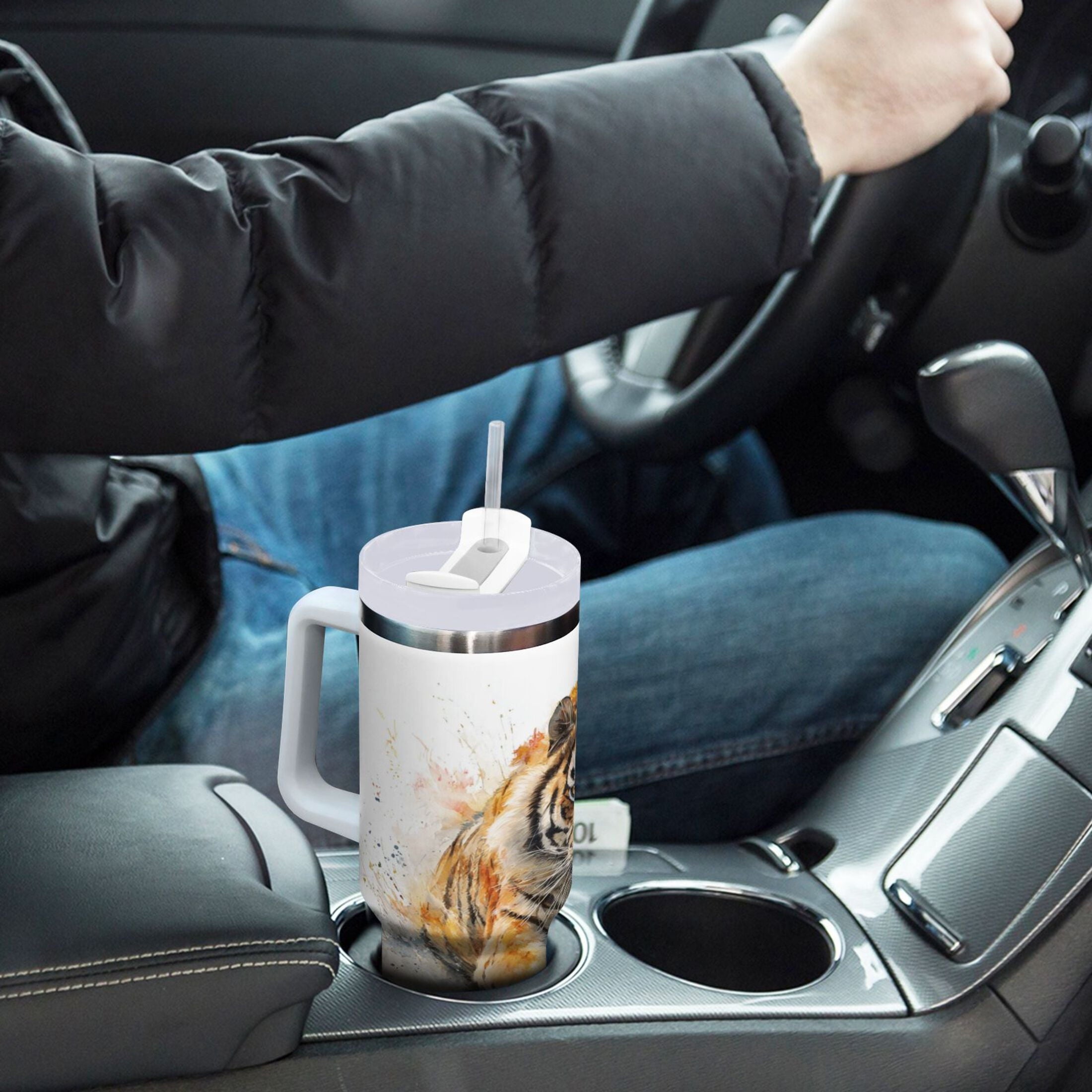 30 oz Insulated Stainless Steel Tumbler Double Wall Stainless Steel Tumbler with 2-Way Drinking Tiger in Action M457A