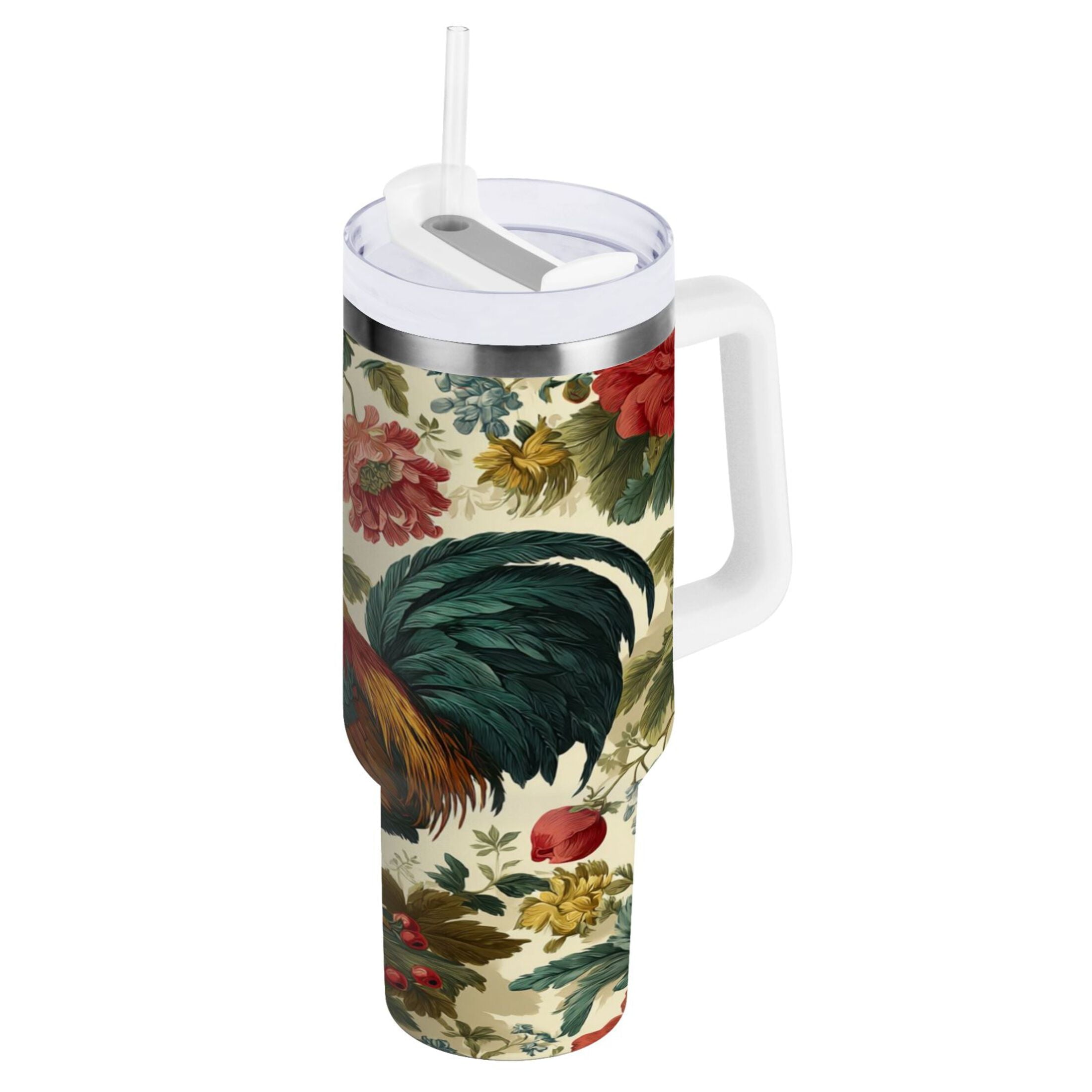 40 oz Insulated Stainless Steel Tumbler Double Wall Stainless Steel Tumbler with 2-Way Drinking Rooster and Vintage Floral M482B