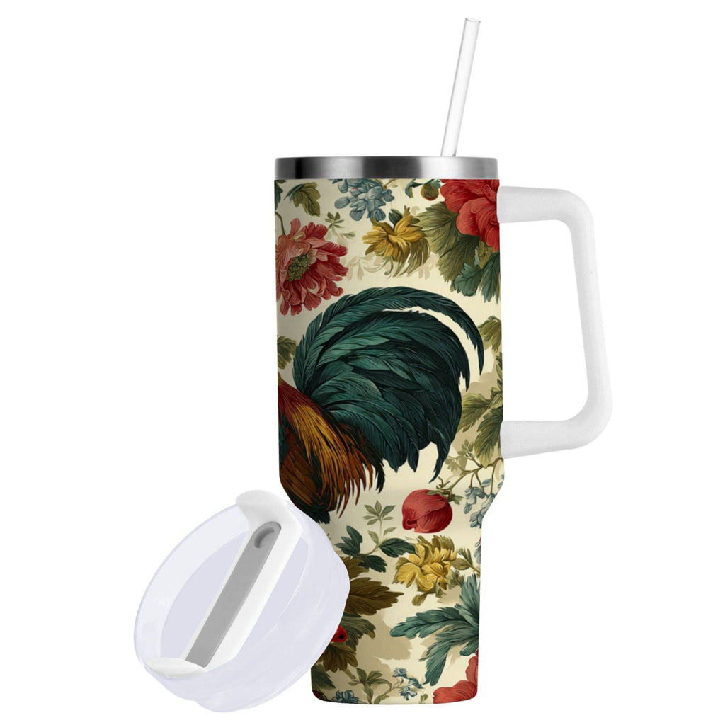 40 oz Insulated Stainless Steel Tumbler Double Wall Stainless Steel Tumbler with 2-Way Drinking Rooster and Vintage Floral M482B