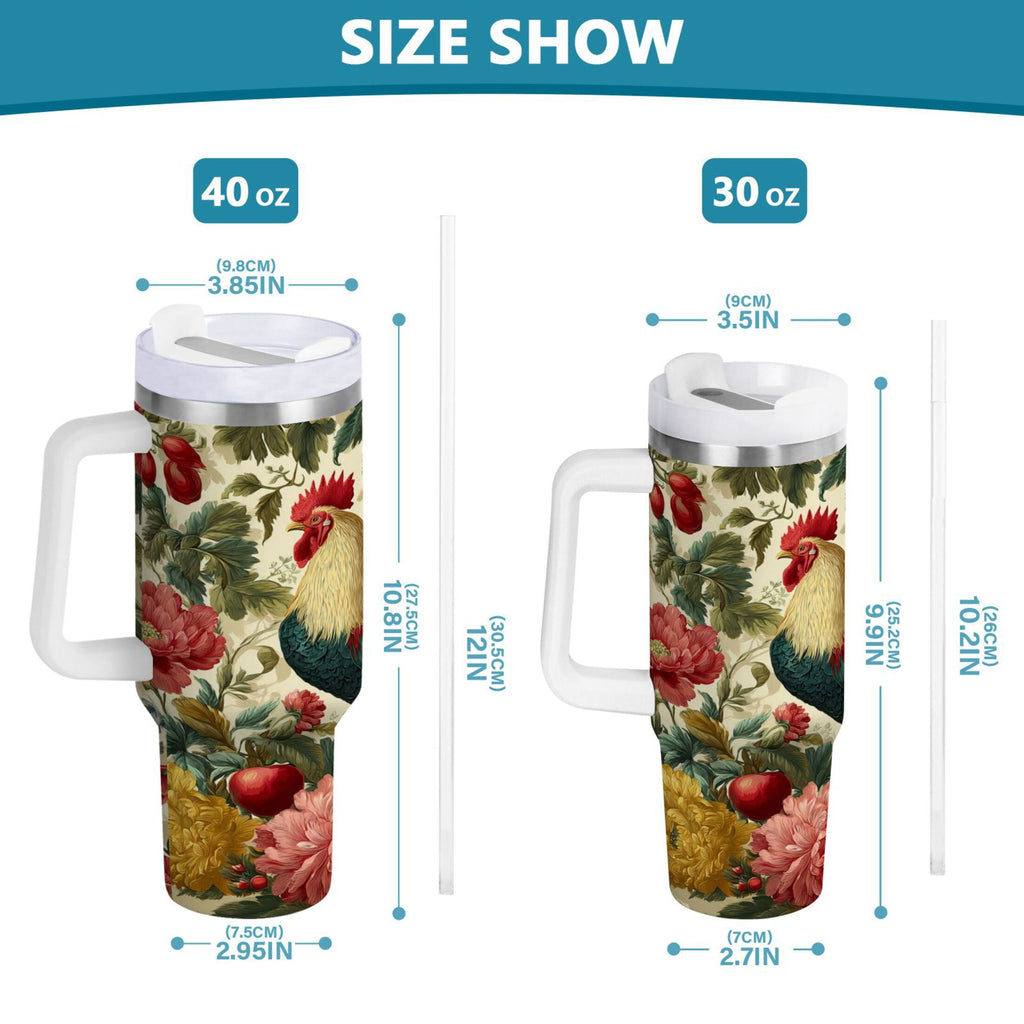 40 oz Insulated Stainless Steel Tumbler Double Wall Stainless Steel Tumbler with 2-Way Drinking Rooster and Vintage Floral M482B