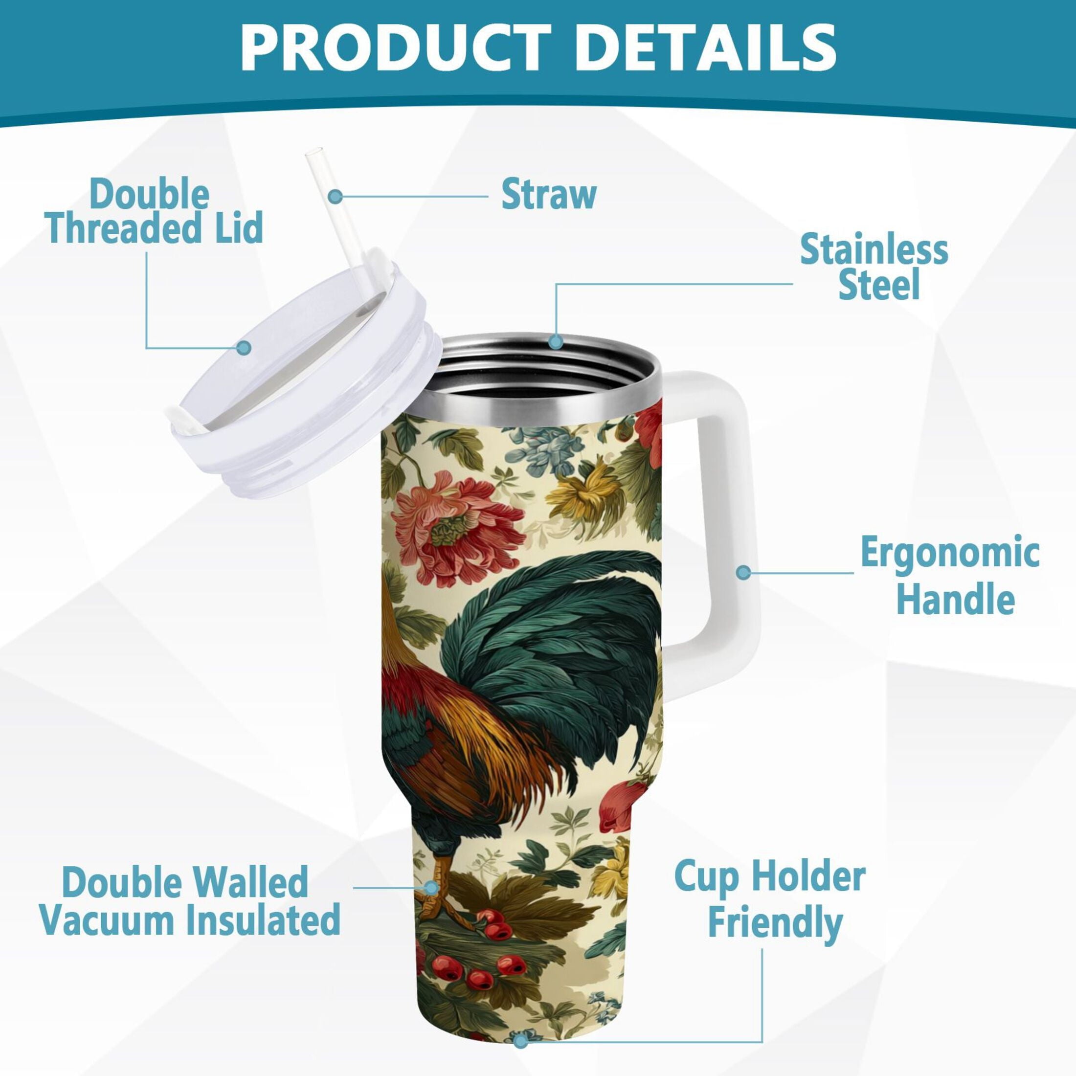 40 oz Insulated Stainless Steel Tumbler Double Wall Stainless Steel Tumbler with 2-Way Drinking Rooster and Vintage Floral M482B