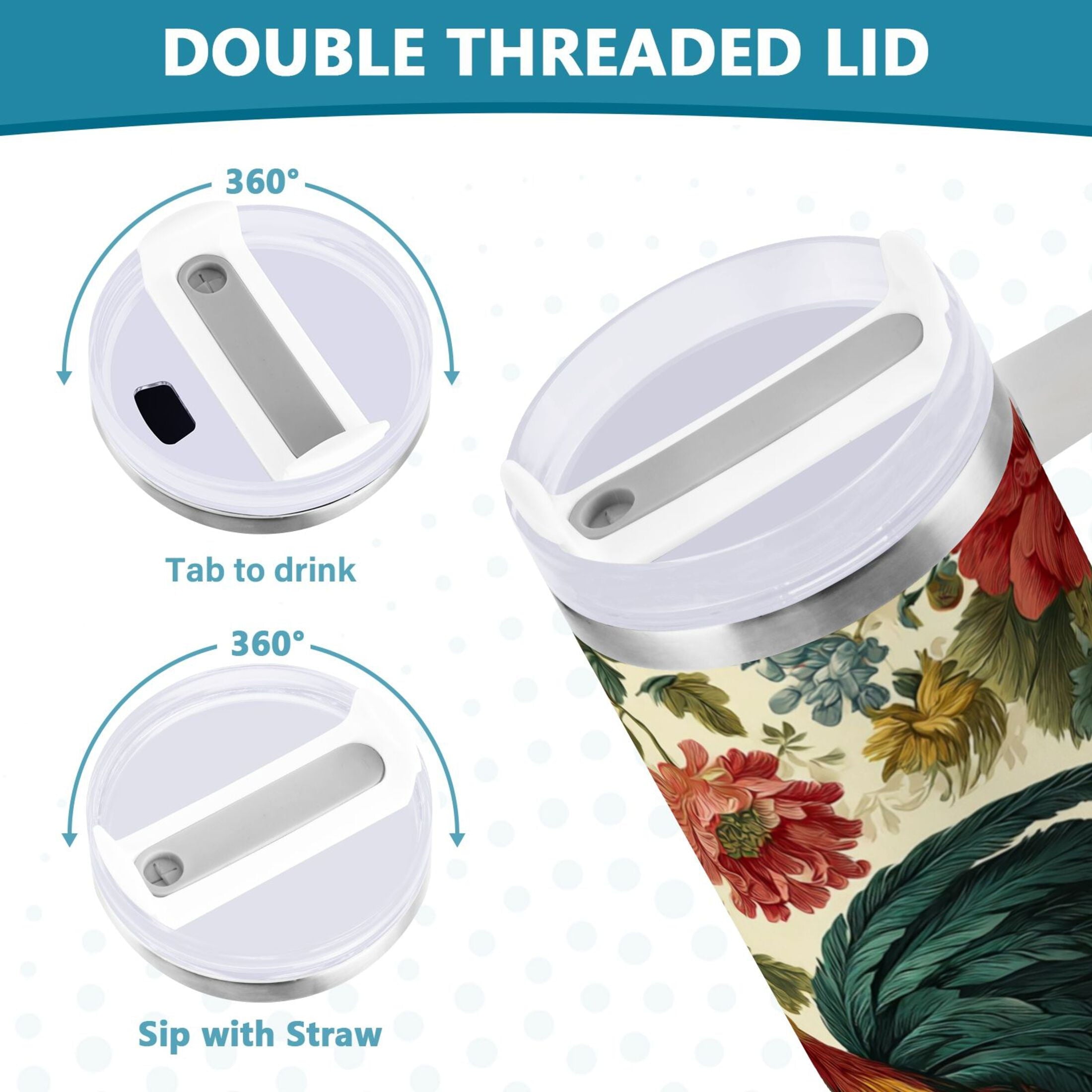 40 oz Insulated Stainless Steel Tumbler Double Wall Stainless Steel Tumbler with 2-Way Drinking Rooster and Vintage Floral M482B