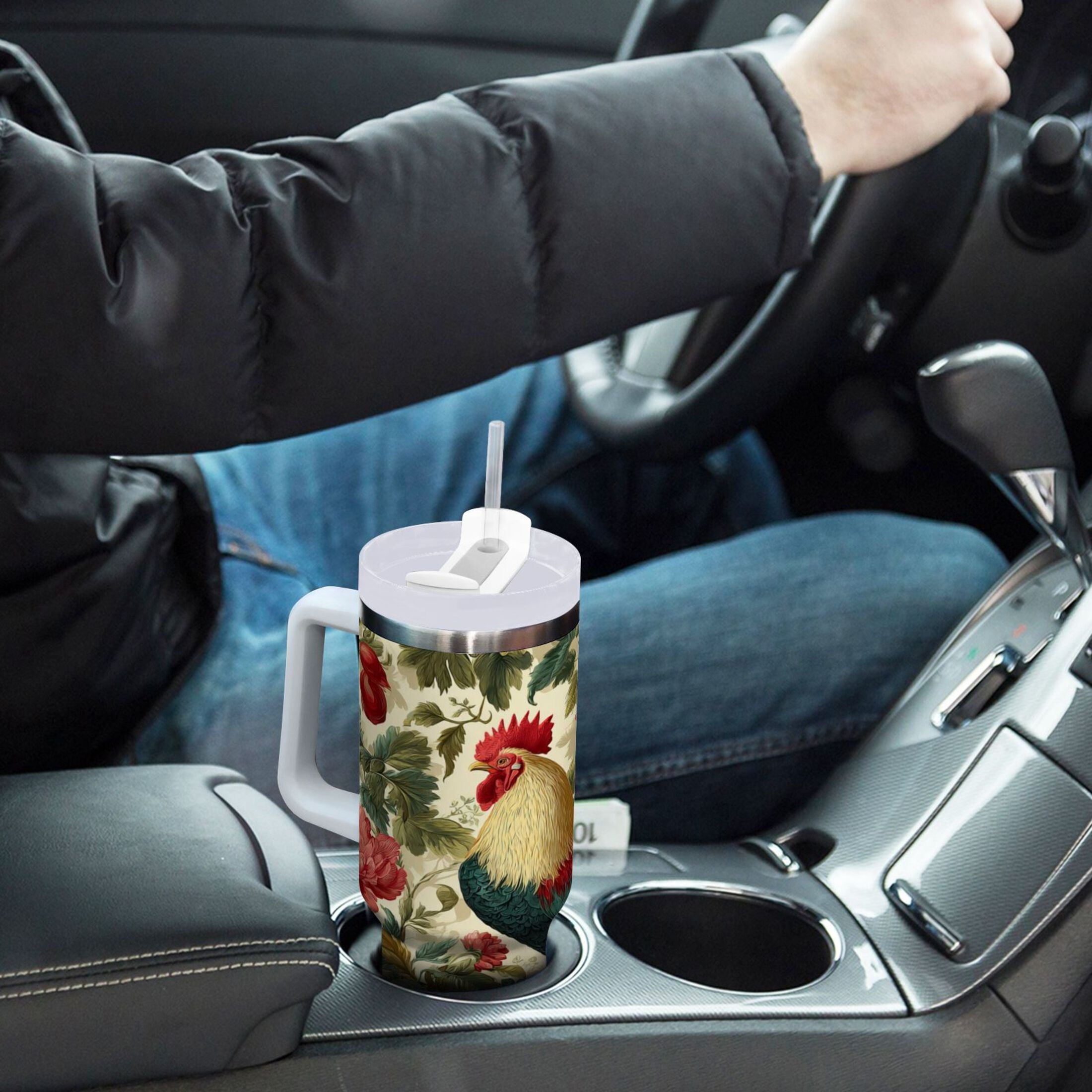 40 oz Insulated Stainless Steel Tumbler Double Wall Stainless Steel Tumbler with 2-Way Drinking Rooster and Vintage Floral M482B