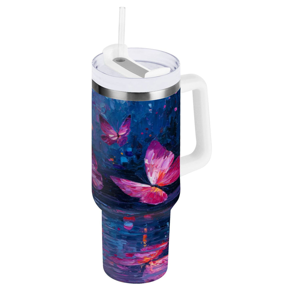 40 oz Insulated Stainless Steel Tumbler Double Wall Stainless Steel Tumbler with 2-Way Drinking Night Scene and Butterflies M488D
