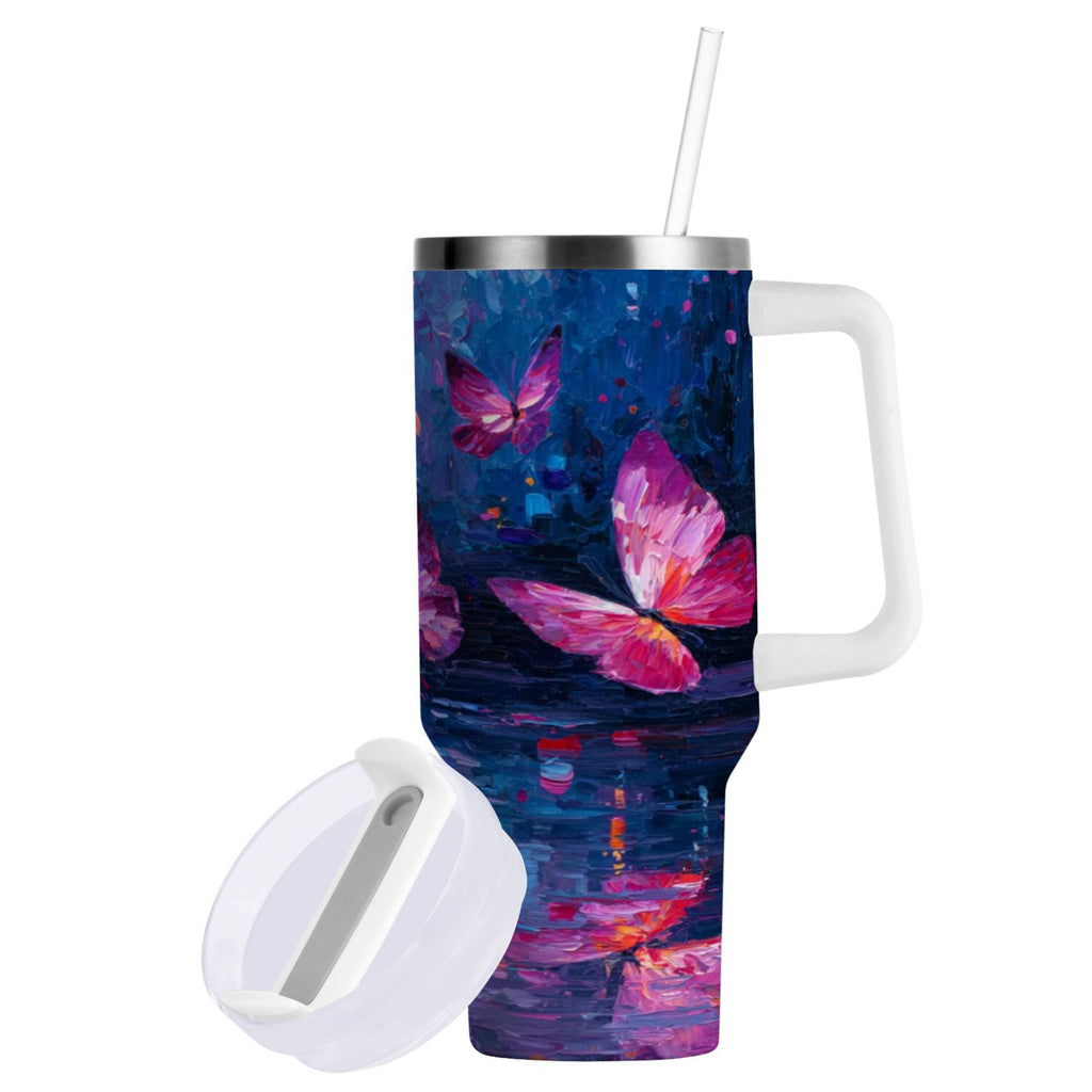 40 oz Insulated Stainless Steel Tumbler Double Wall Stainless Steel Tumbler with 2-Way Drinking Night Scene and Butterflies M488D