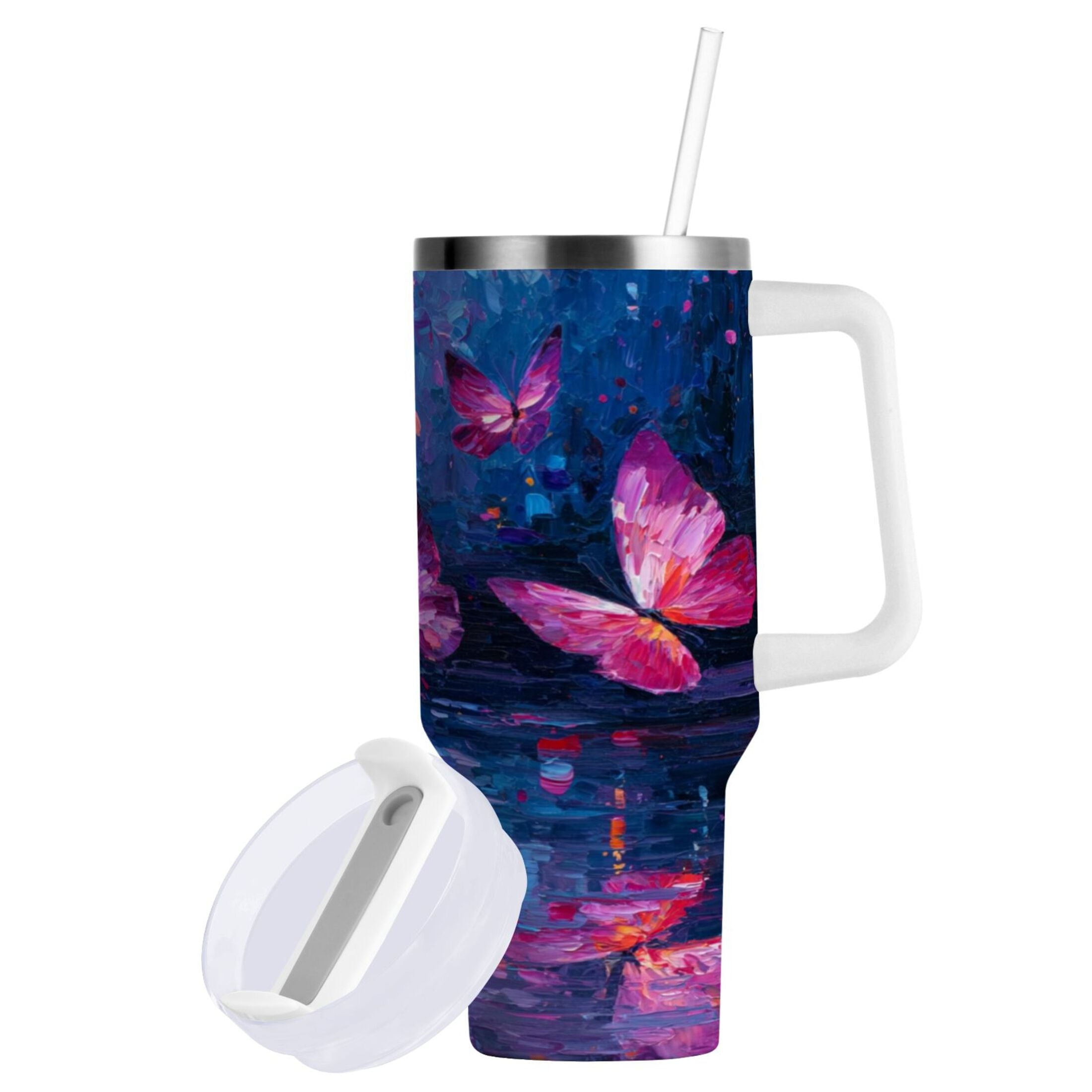 40 oz Insulated Stainless Steel Tumbler Double Wall Stainless Steel Tumbler with 2-Way Drinking Night Scene and Butterflies M488D