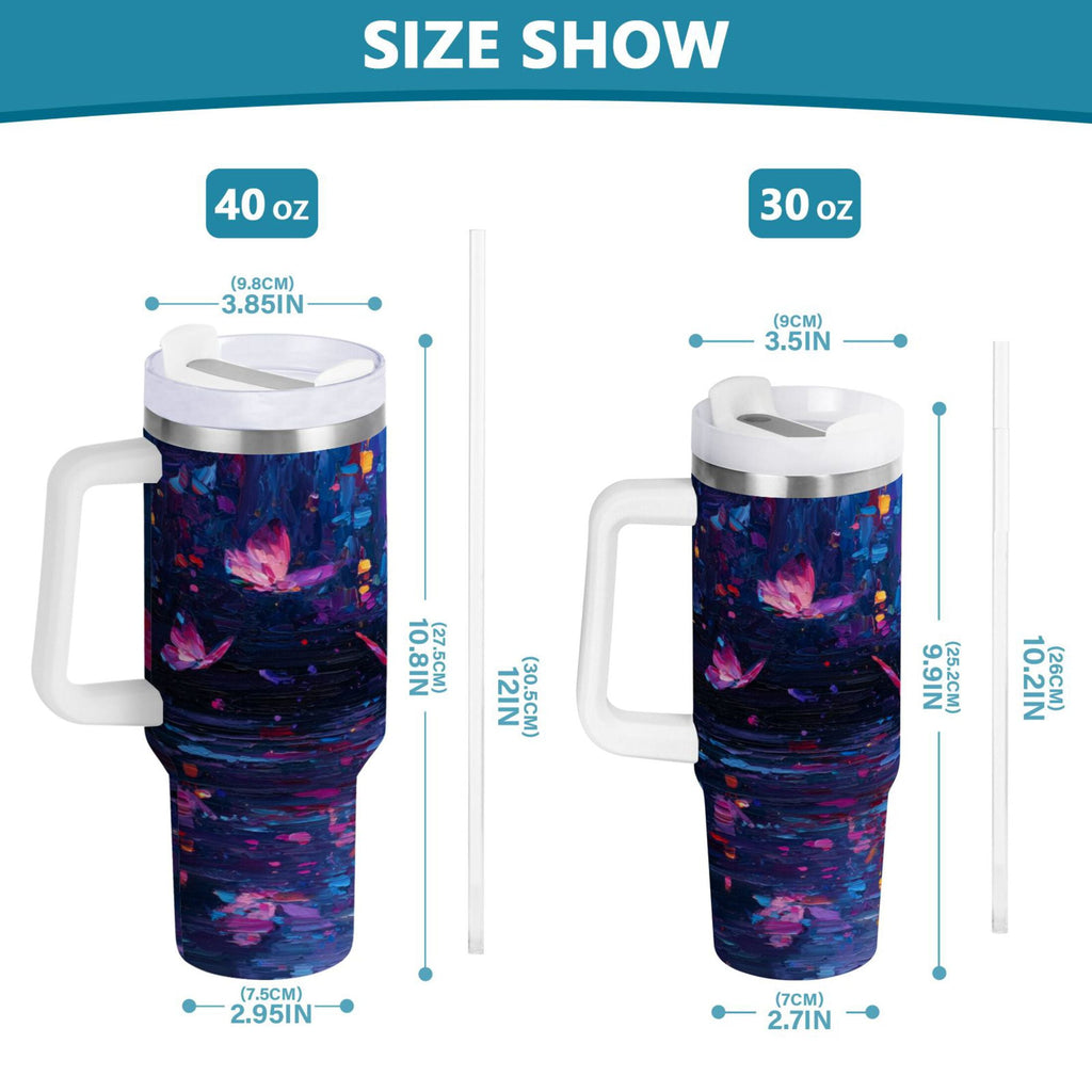 40 oz Insulated Stainless Steel Tumbler Double Wall Stainless Steel Tumbler with 2-Way Drinking Night Scene and Butterflies M488D