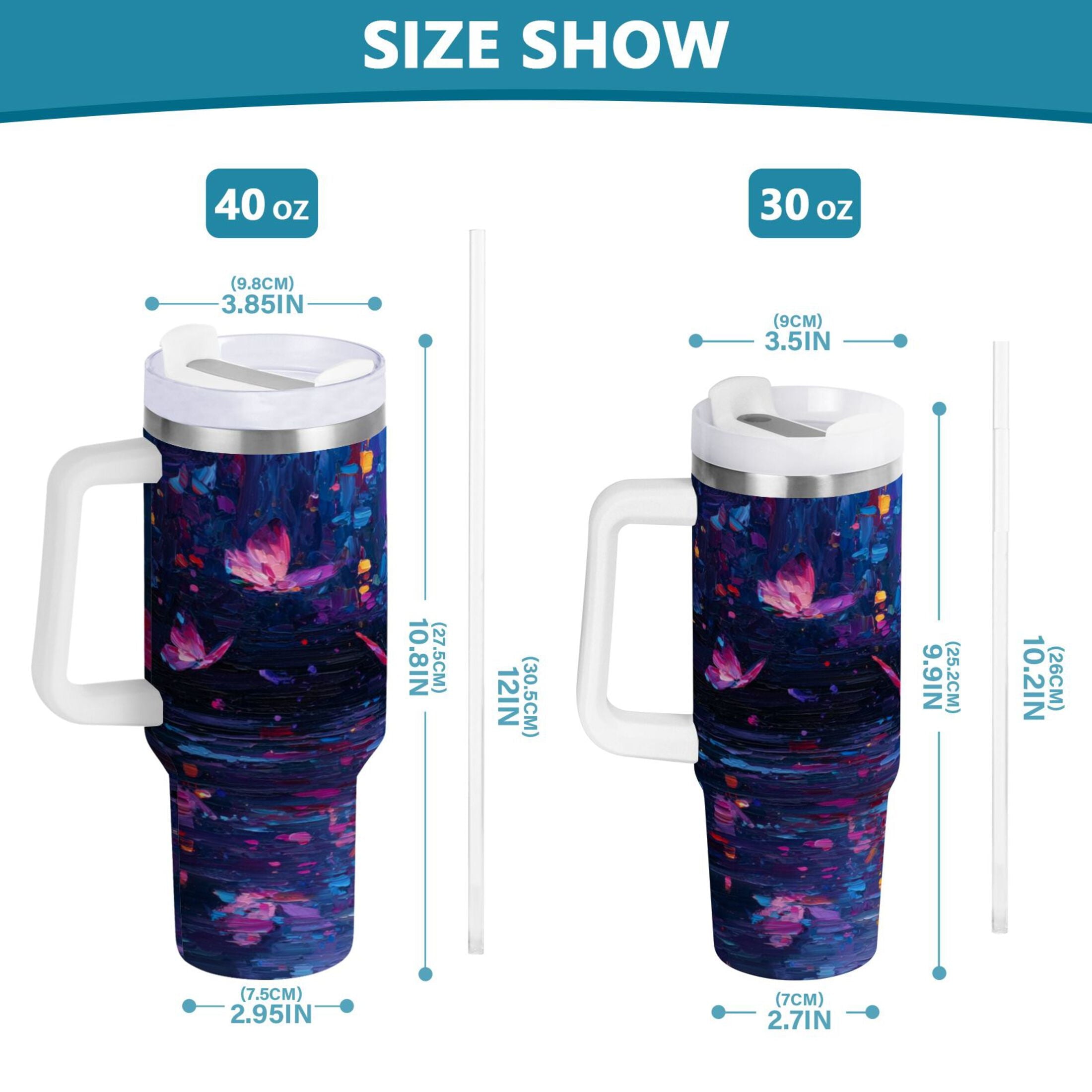 40 oz Insulated Stainless Steel Tumbler Double Wall Stainless Steel Tumbler with 2-Way Drinking Night Scene and Butterflies M488D