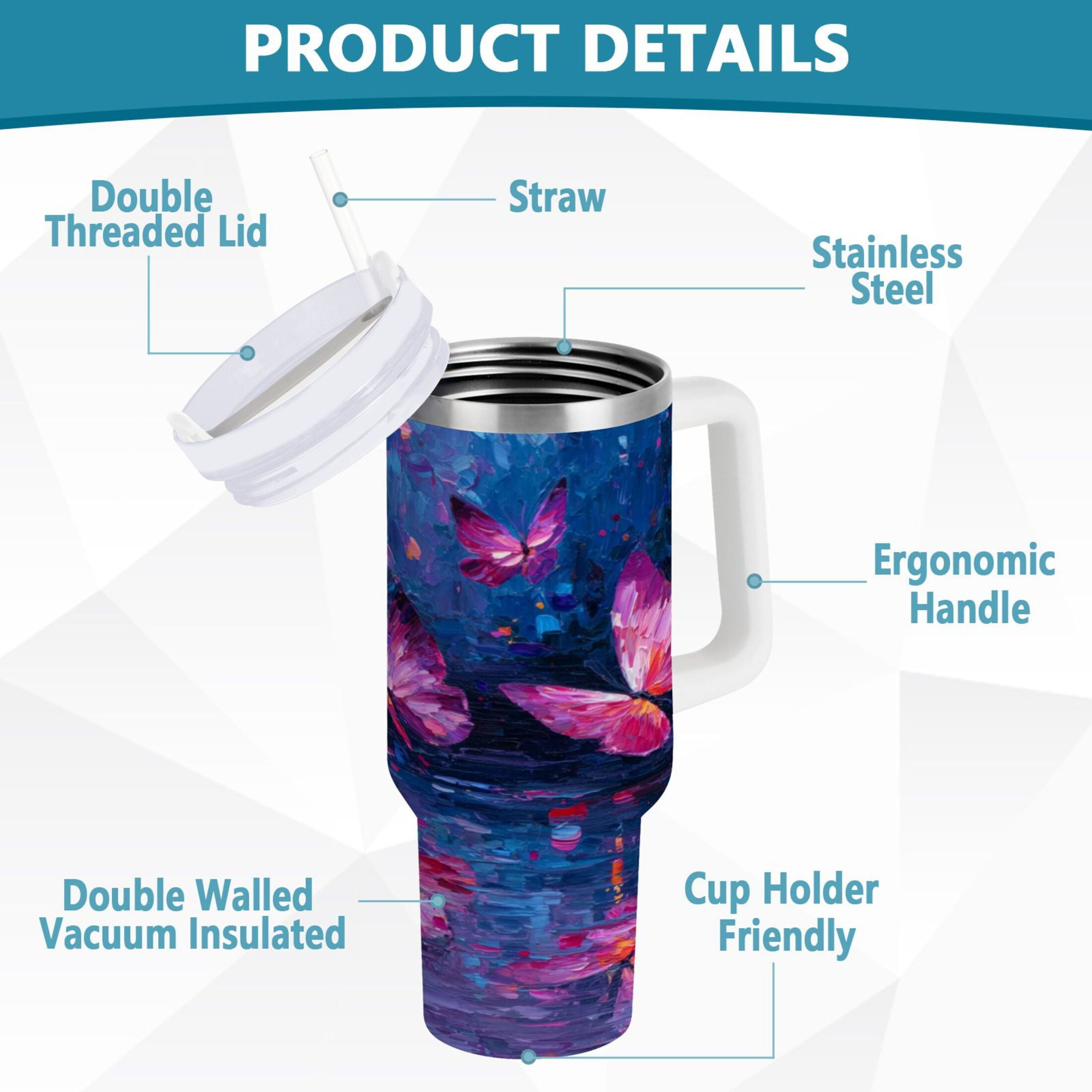40 oz Insulated Stainless Steel Tumbler Double Wall Stainless Steel Tumbler with 2-Way Drinking Night Scene and Butterflies M488D