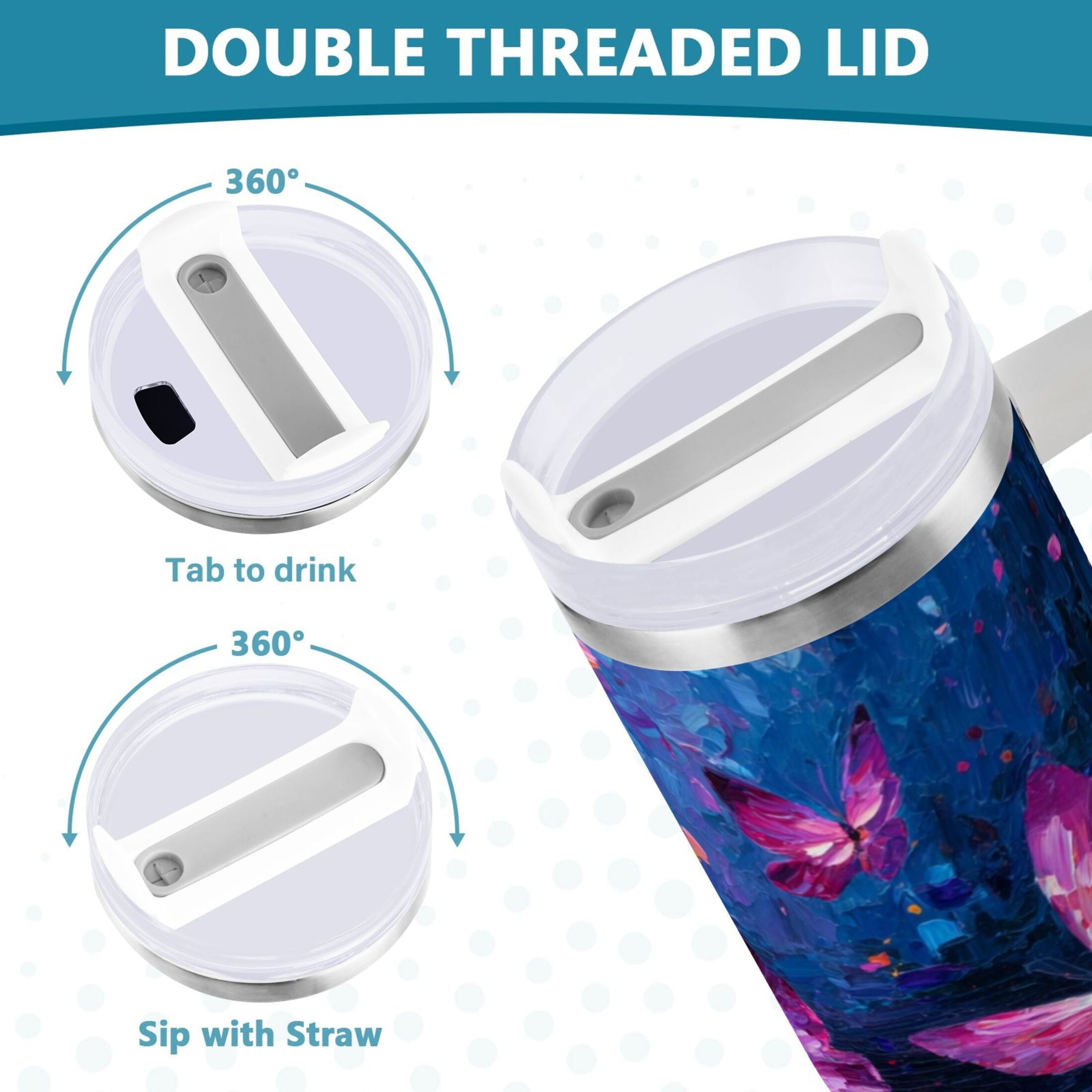 40 oz Insulated Stainless Steel Tumbler Double Wall Stainless Steel Tumbler with 2-Way Drinking Night Scene and Butterflies M488D