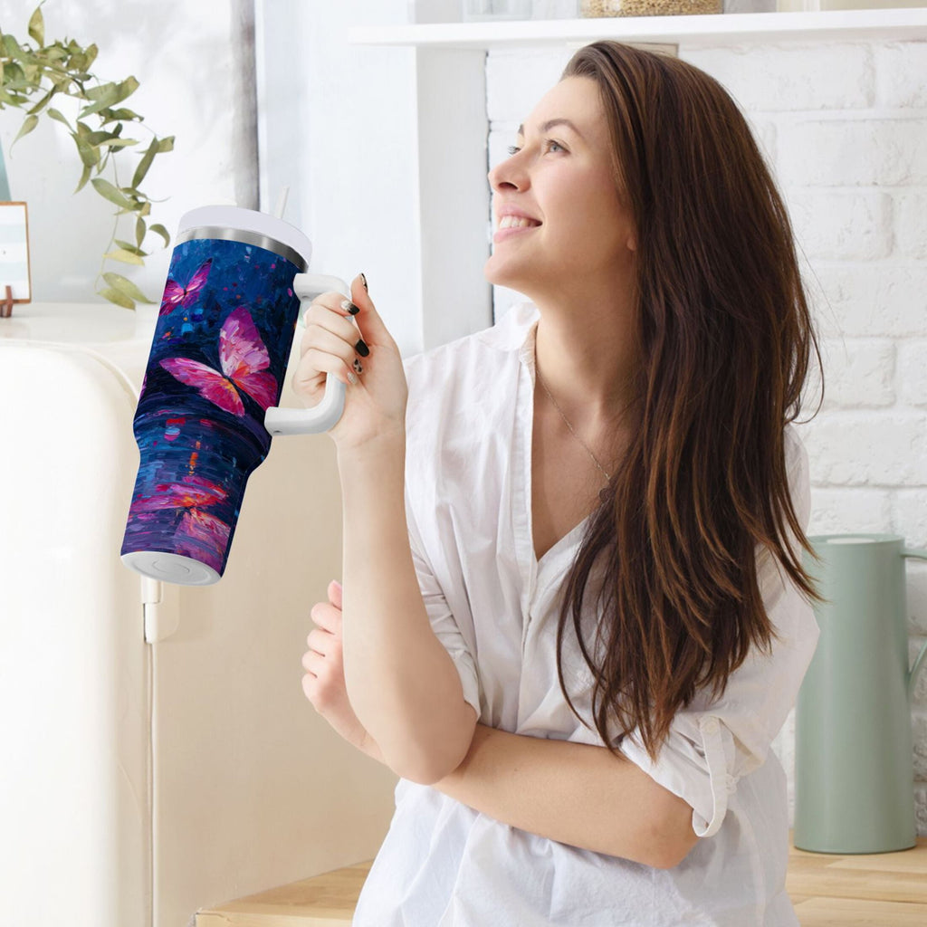 40 oz Insulated Stainless Steel Tumbler Double Wall Stainless Steel Tumbler with 2-Way Drinking Night Scene and Butterflies M488D