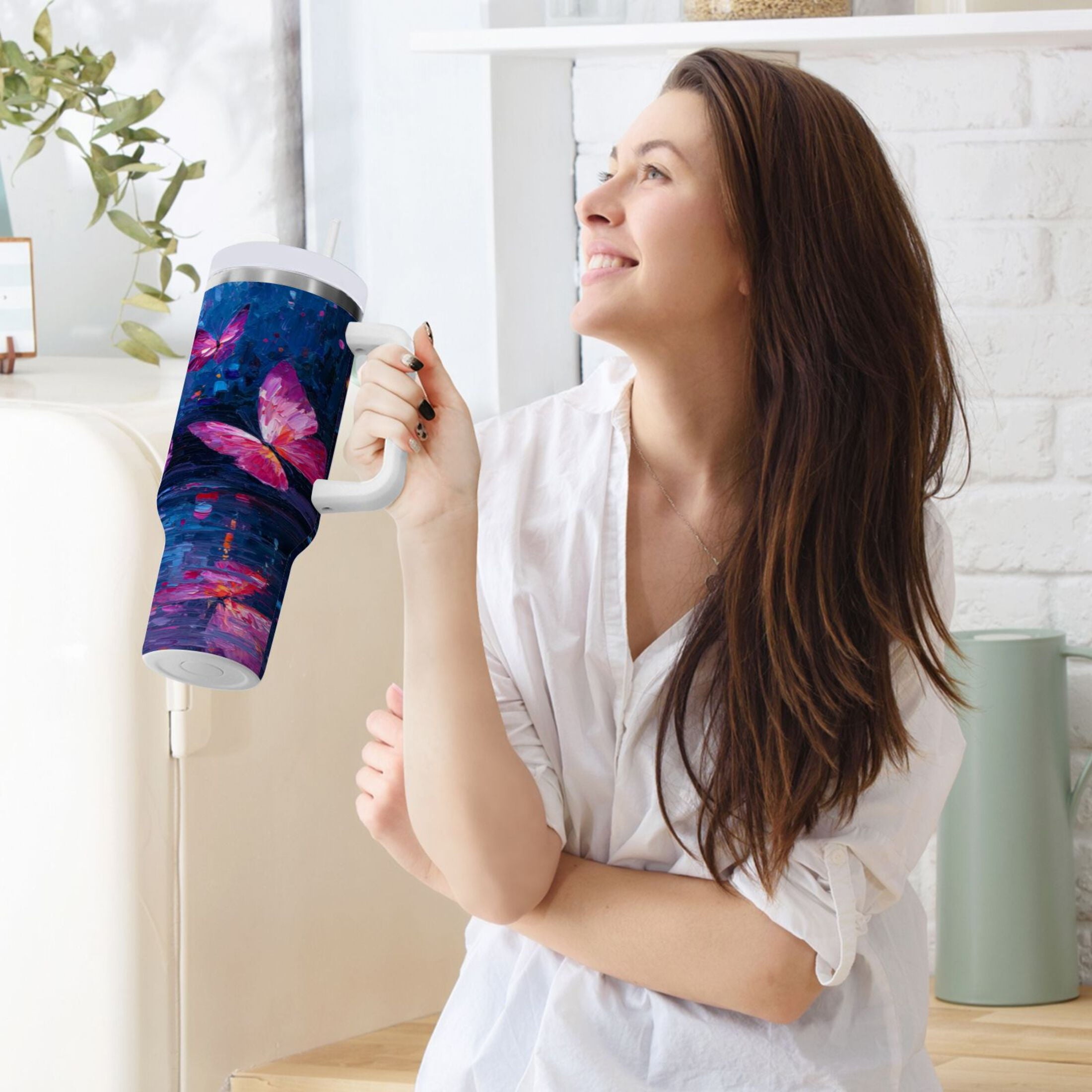 40 oz Insulated Stainless Steel Tumbler Double Wall Stainless Steel Tumbler with 2-Way Drinking Night Scene and Butterflies M488D