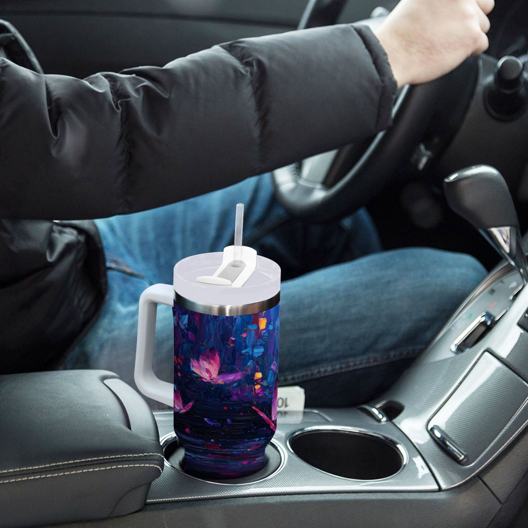 40 oz Insulated Stainless Steel Tumbler Double Wall Stainless Steel Tumbler with 2-Way Drinking Night Scene and Butterflies M488D