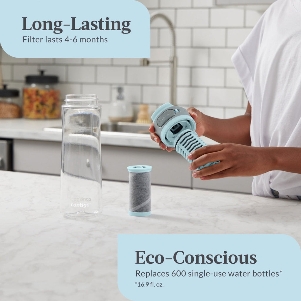 (2 pack) Contigo Clybourn Plastic FreeFlow Filter Water Bottle with AUTOSEAL Lid 24 oz., Salt, with Replacable Filter M53G