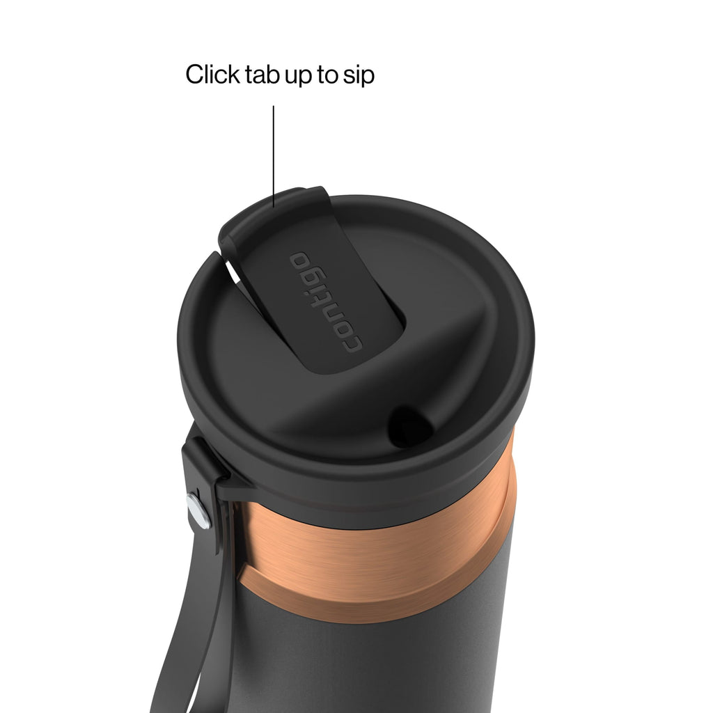 Contigo SnapSeal Leakproof Stainless Steel Reusable Water Bottle with Carrying Strap, Black/Bronze, 16 oz M65U