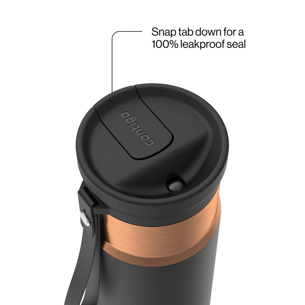 Contigo SnapSeal Leakproof Stainless Steel Reusable Water Bottle with Carrying Strap, Black/Bronze, 16 oz M65U