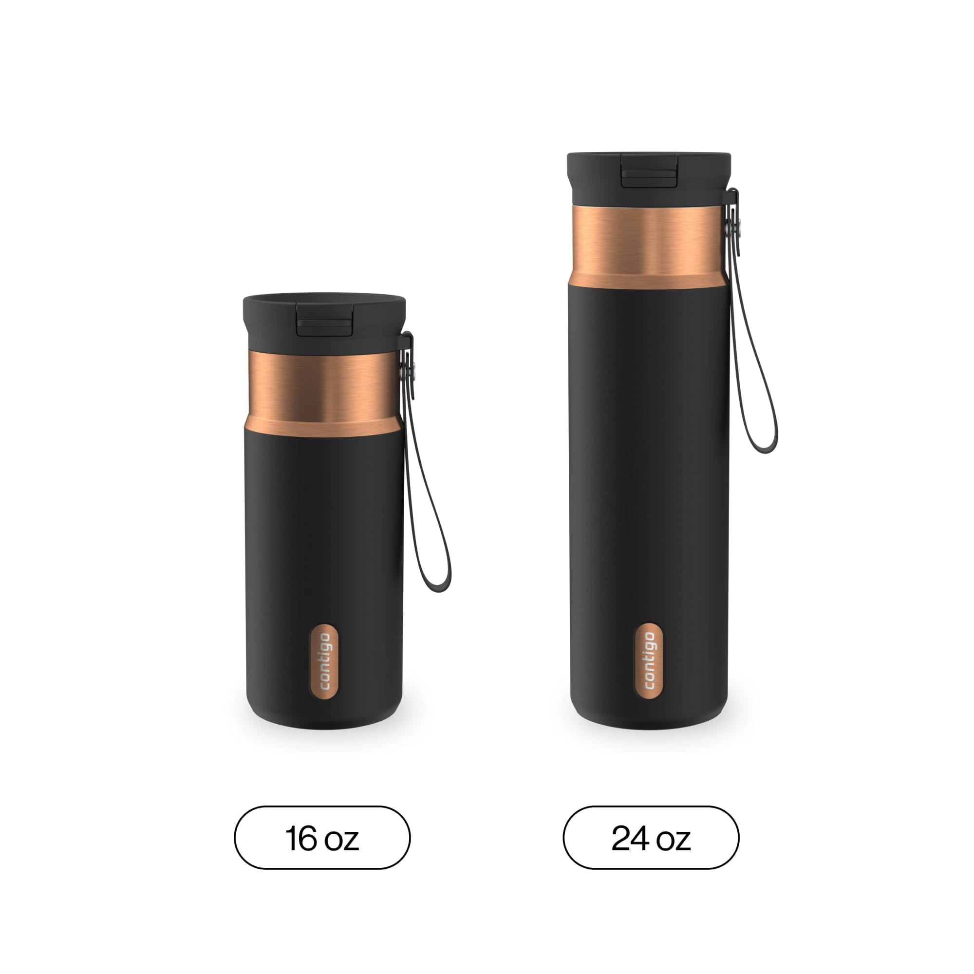 Contigo SnapSeal Leakproof Stainless Steel Reusable Water Bottle with Carrying Strap, Black/Bronze, 16 oz M65U