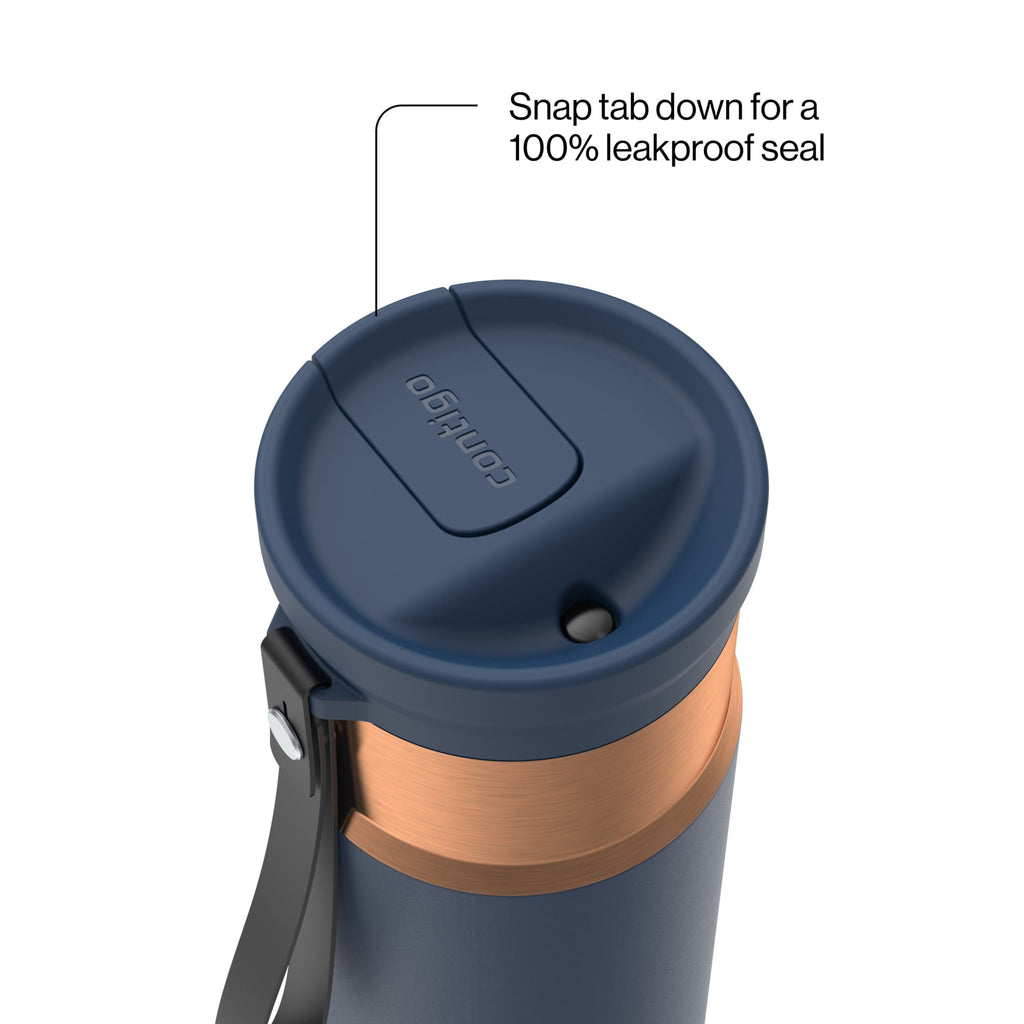 Contigo SnapSeal Leakproof Stainless Steel Reusable Water Bottle with Carrying Strap, Black/Bronze, 16 oz M65U