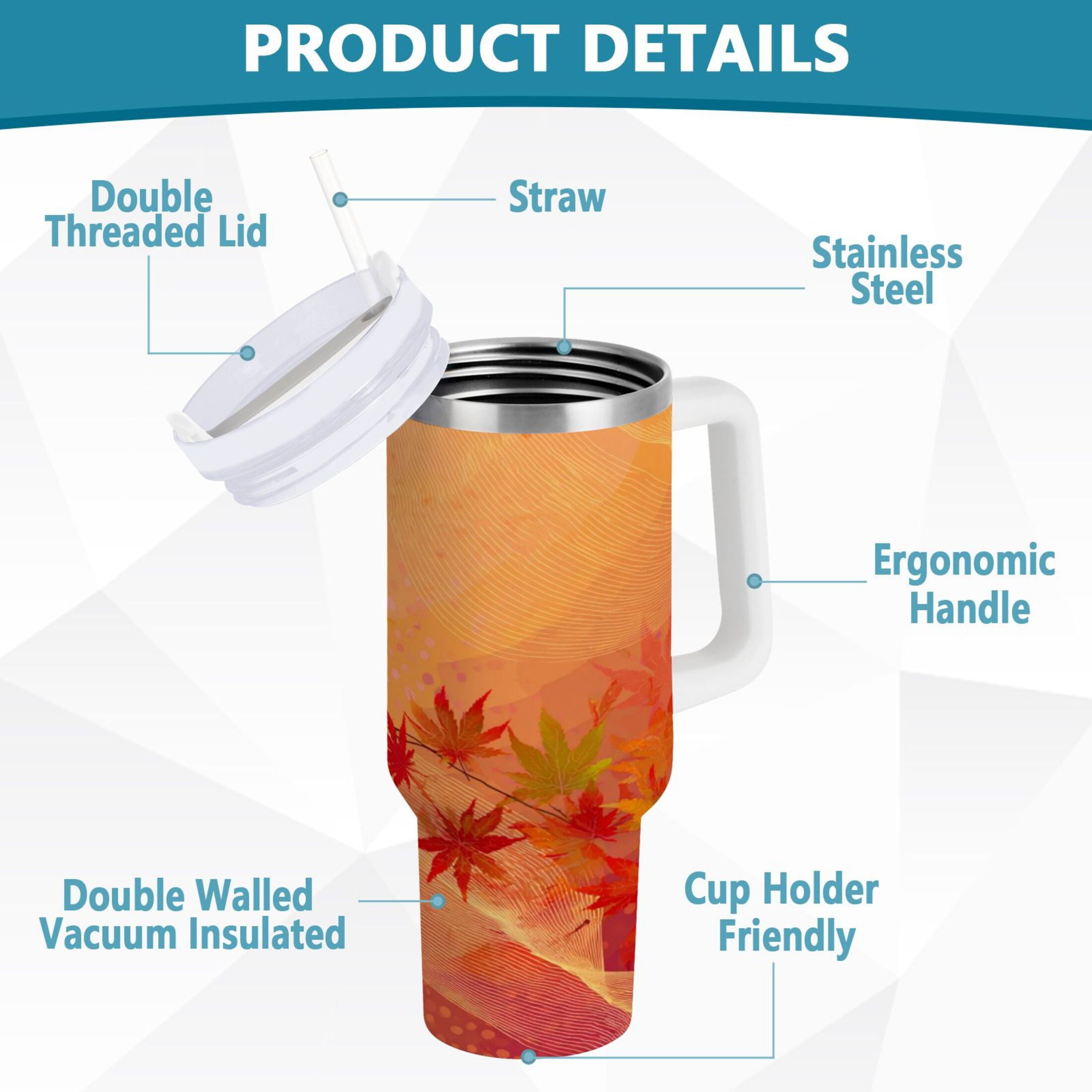 40 oz Insulated Stainless Steel Tumbler Double Wall Stainless Steel Tumbler with 2-Way Drinking Red Maple Leaves in Autumn M475W