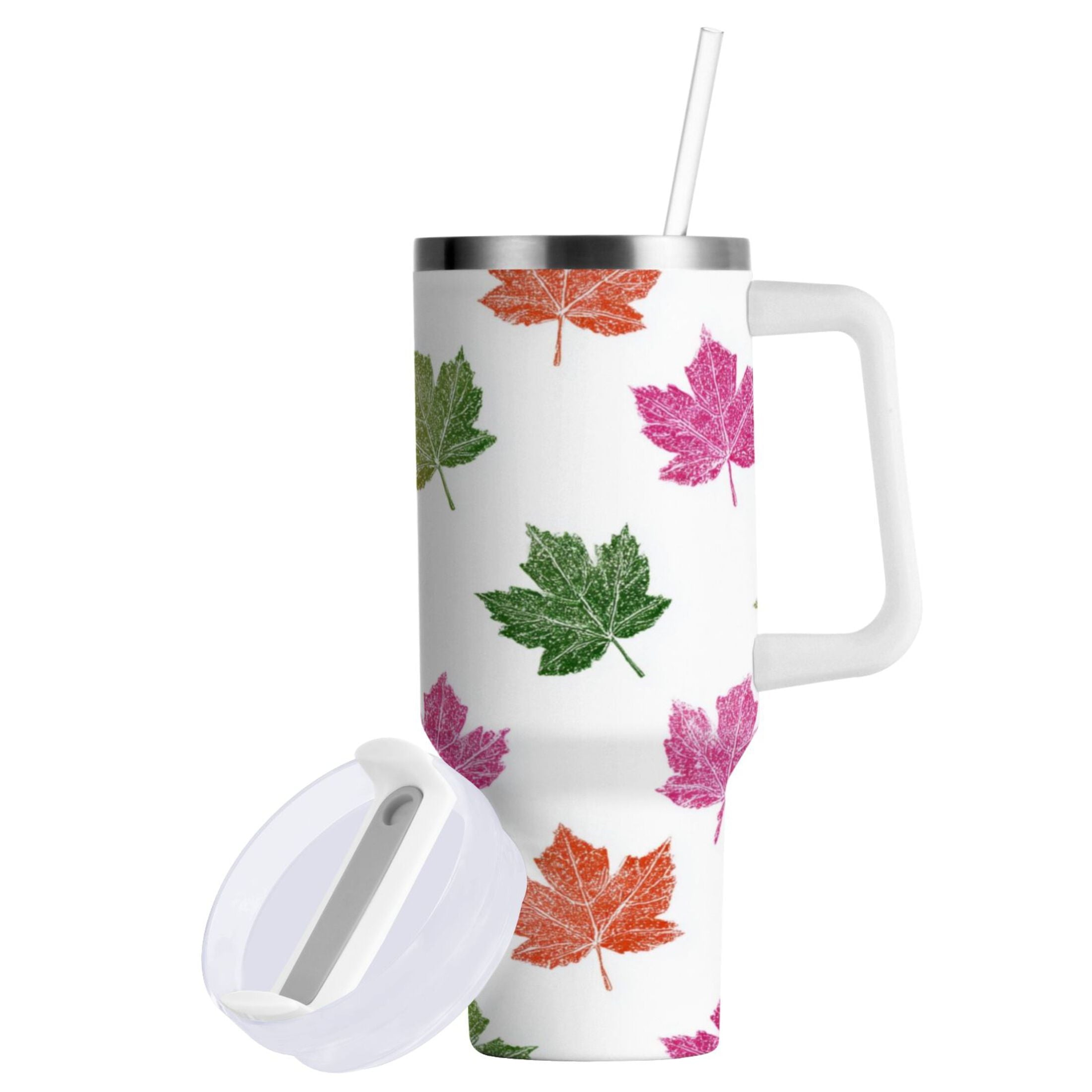 40 oz Insulated Stainless Steel Tumbler Double Wall Stainless Steel Tumbler with 2-Way Drinking Pink Maple Leaf M459X