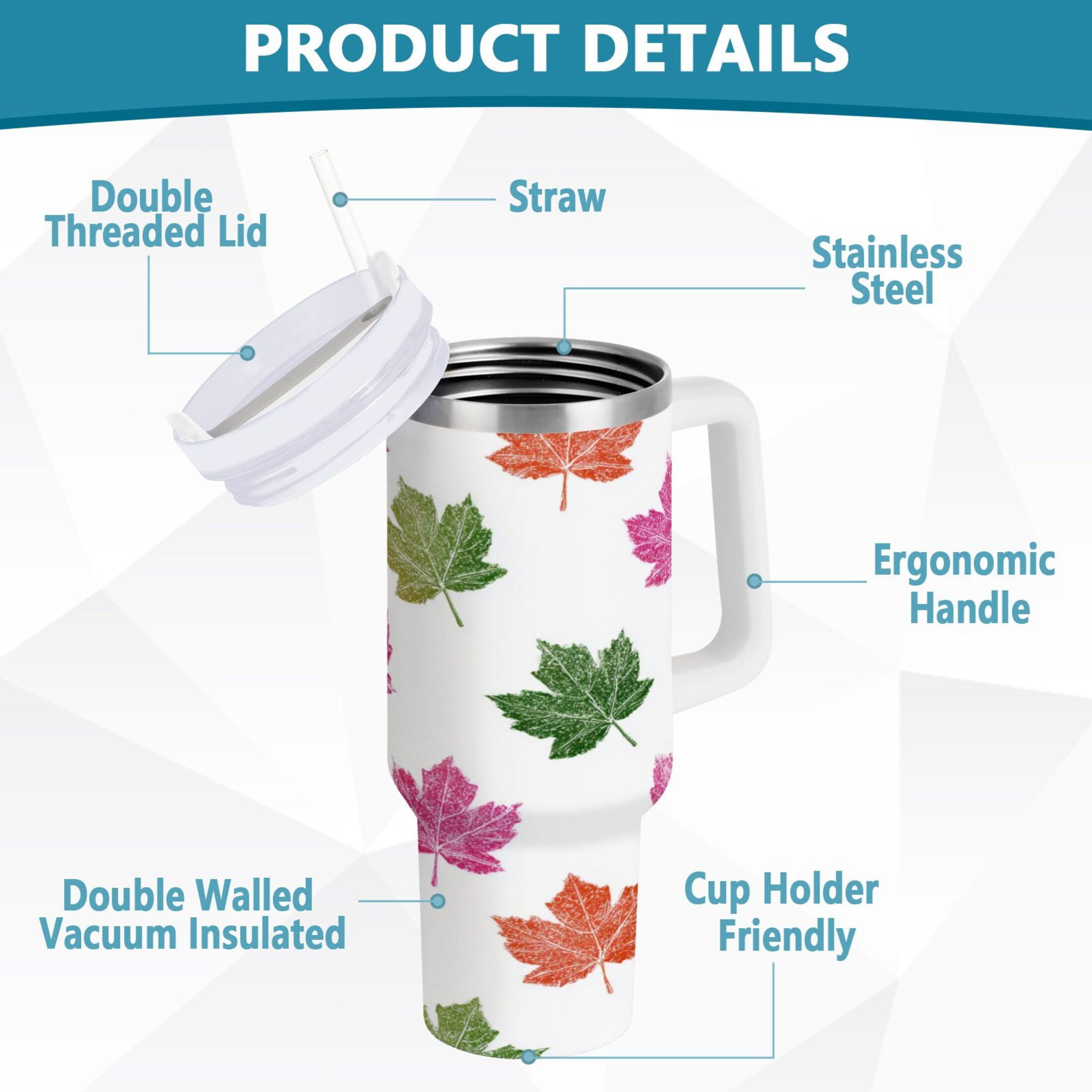40 oz Insulated Stainless Steel Tumbler Double Wall Stainless Steel Tumbler with 2-Way Drinking Pink Maple Leaf M459X