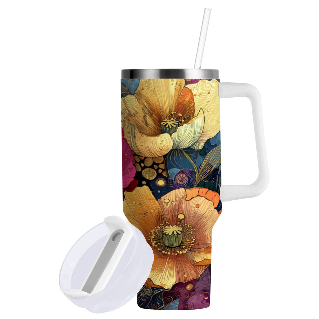 40 oz Insulated Stainless Steel Tumbler Double Wall Stainless Steel Tumbler with 2-Way Drinking Vibrant and Intricate Flowers M463K
