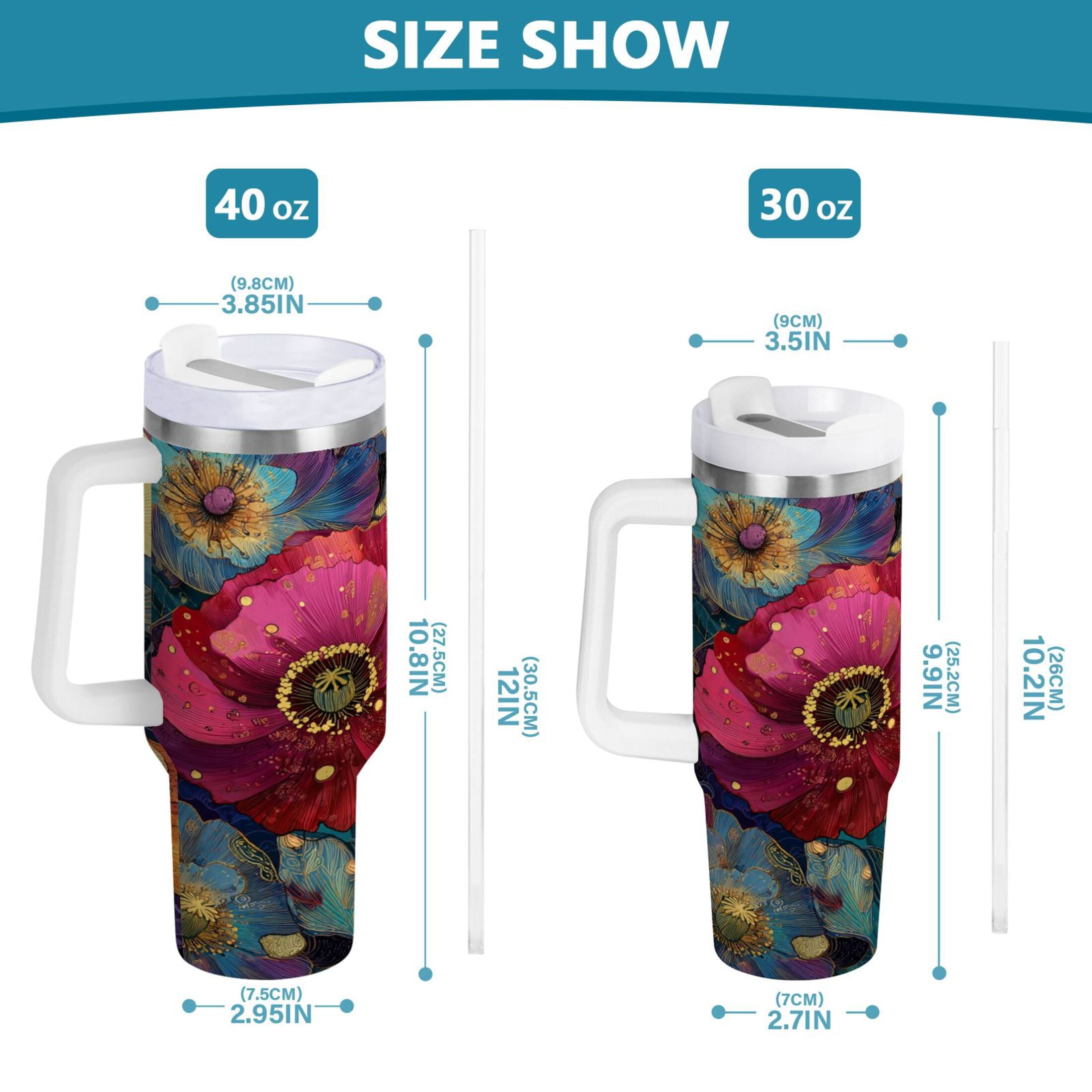 40 oz Insulated Stainless Steel Tumbler Double Wall Stainless Steel Tumbler with 2-Way Drinking Vibrant and Intricate Flowers M463K