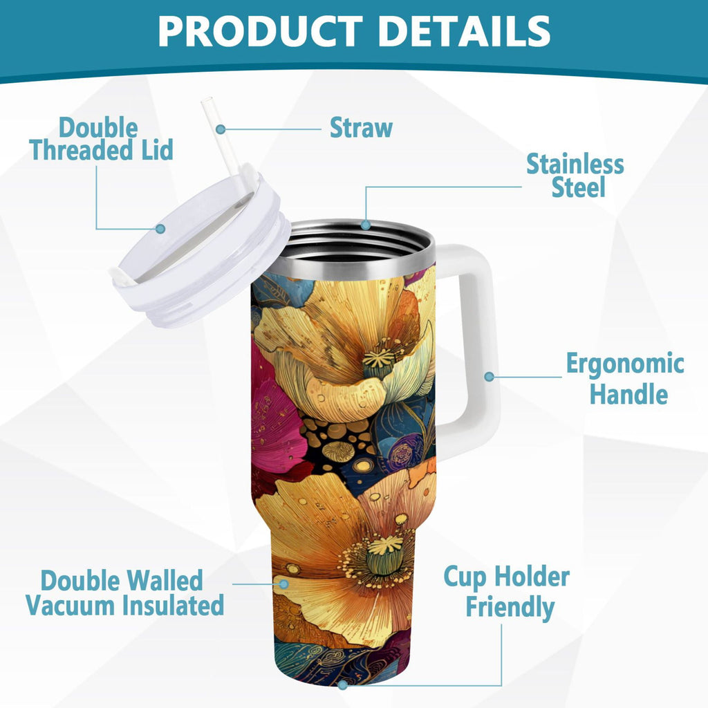 40 oz Insulated Stainless Steel Tumbler Double Wall Stainless Steel Tumbler with 2-Way Drinking Vibrant and Intricate Flowers M463K